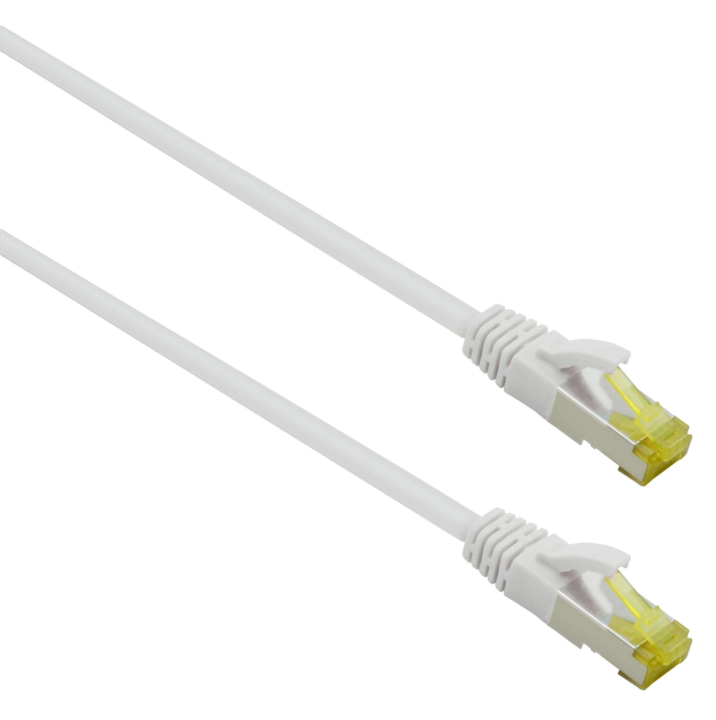 Cavo Ethernet bianco con connettori. I connettori hanno contatti metallici gialli.