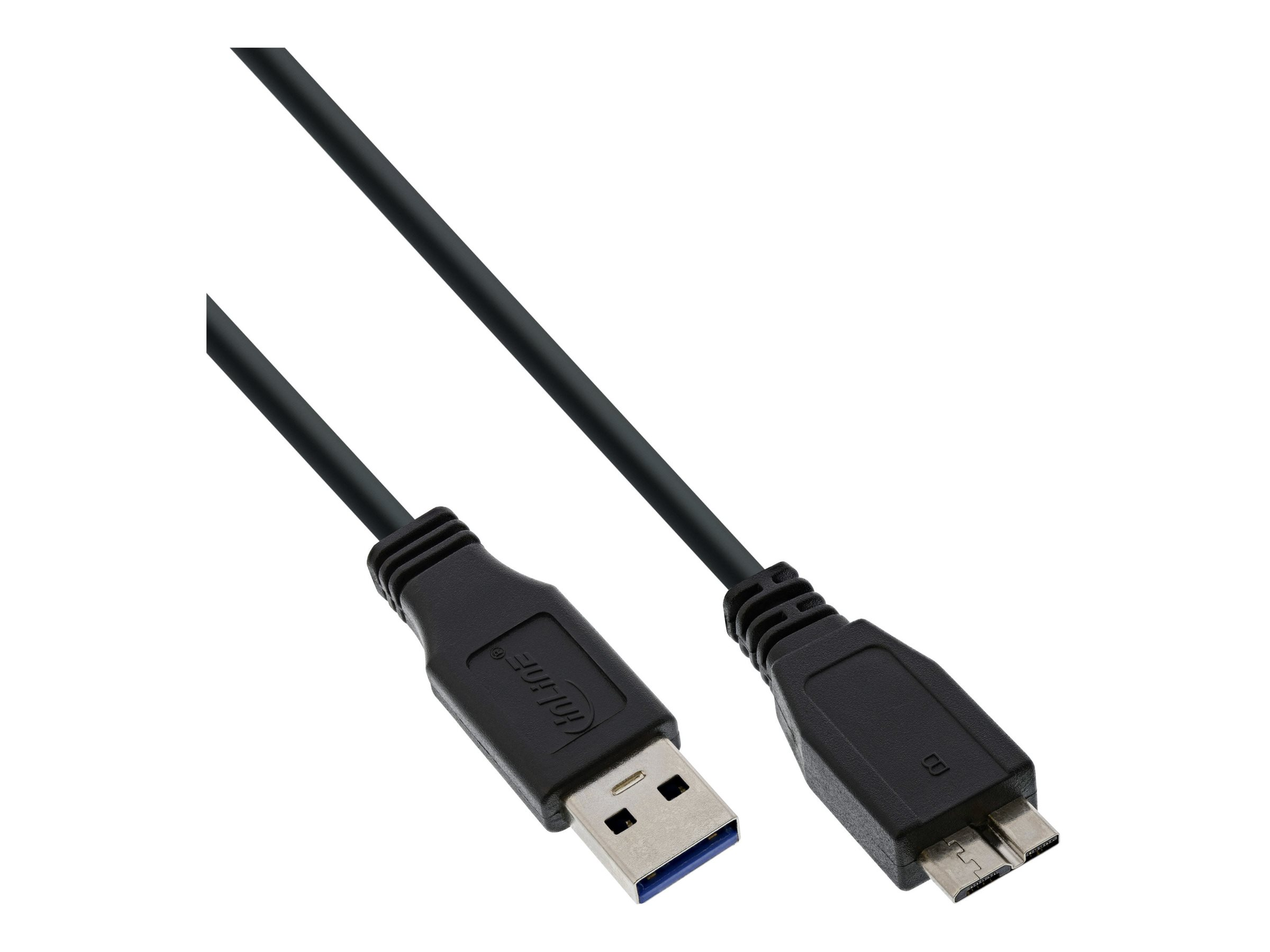 Câble USB noir avec connecteurs USB-A et Micro-USB. Fond blanc.