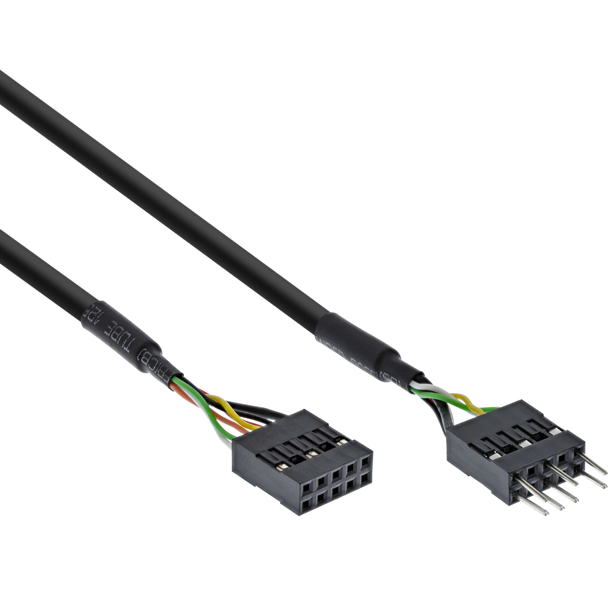 Ein schwarzes Kabel mit zwei schwarzen Steckern. Das Kabel hat farbige Drähte innen.