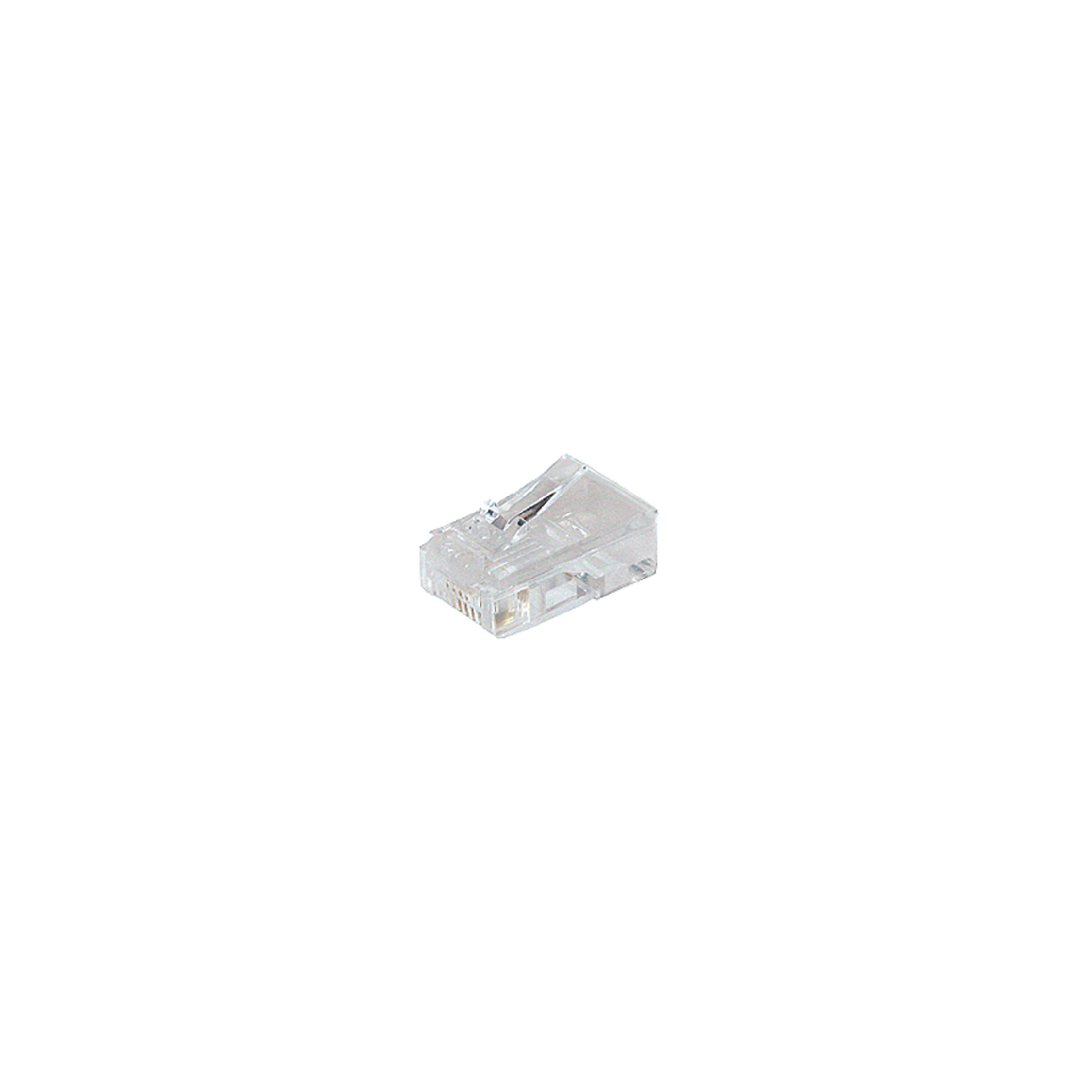 Transparenter RJ45-Stecker. Weißer Hintergrund.