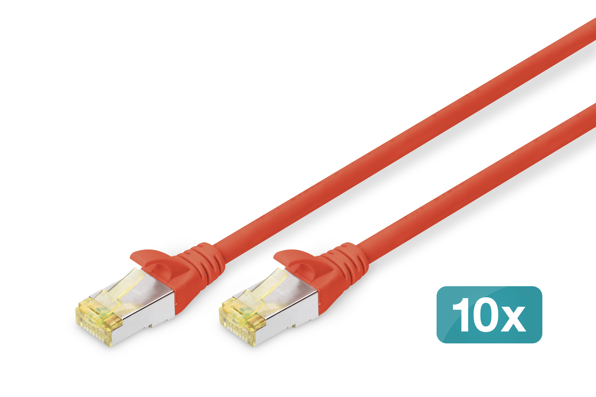 Dwa pomarańczowe kable sieciowe. Etykieta '10x' znajduje się w prawym dolnym rogu.