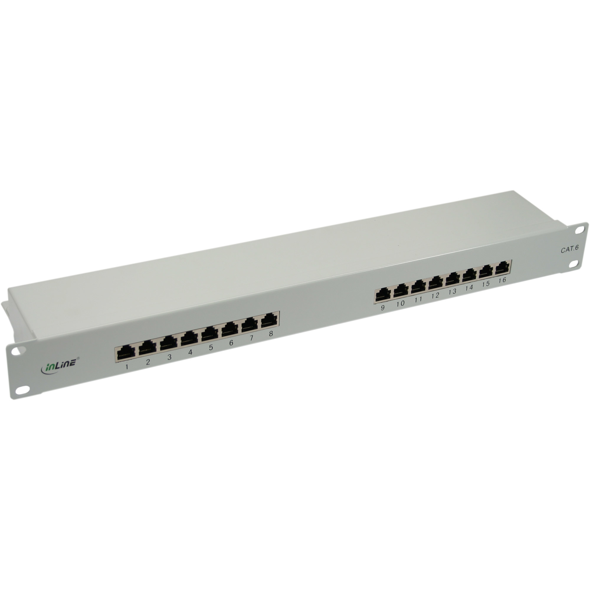 Patchpanel mit 16 Ports, beschriftet 1-16. Es ist grau und hat 'inLine'.