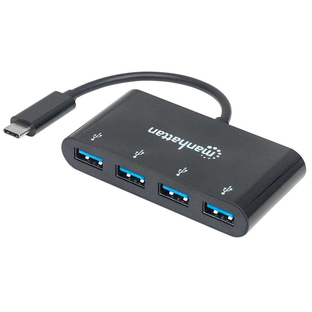 Hub USB nero con quattro porte USB e un cavo USB-C collegato. Il marchio è Manhattan.