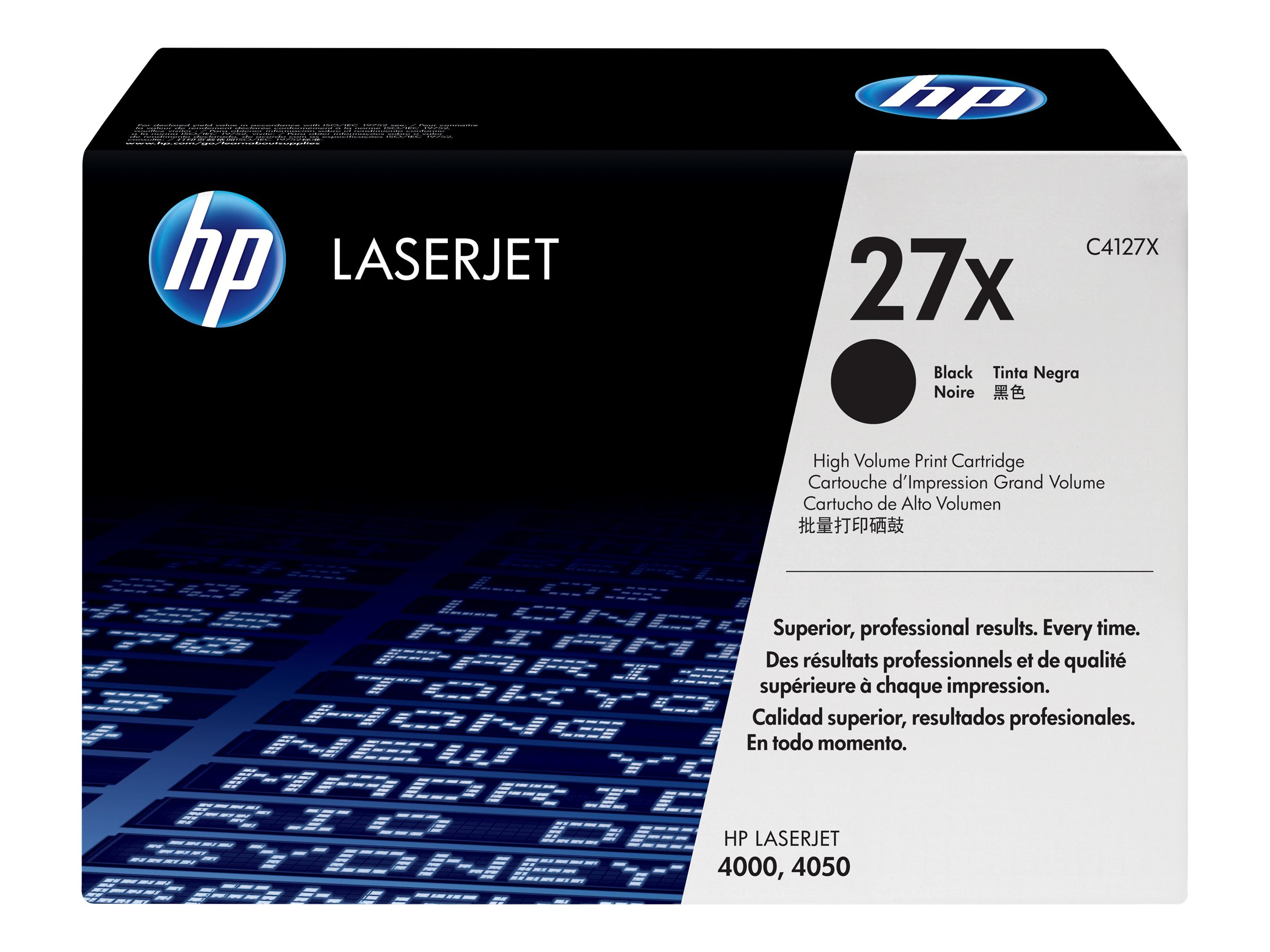 Scatola cartuccia toner nero HP LaserJet 27x con testo e grafica.