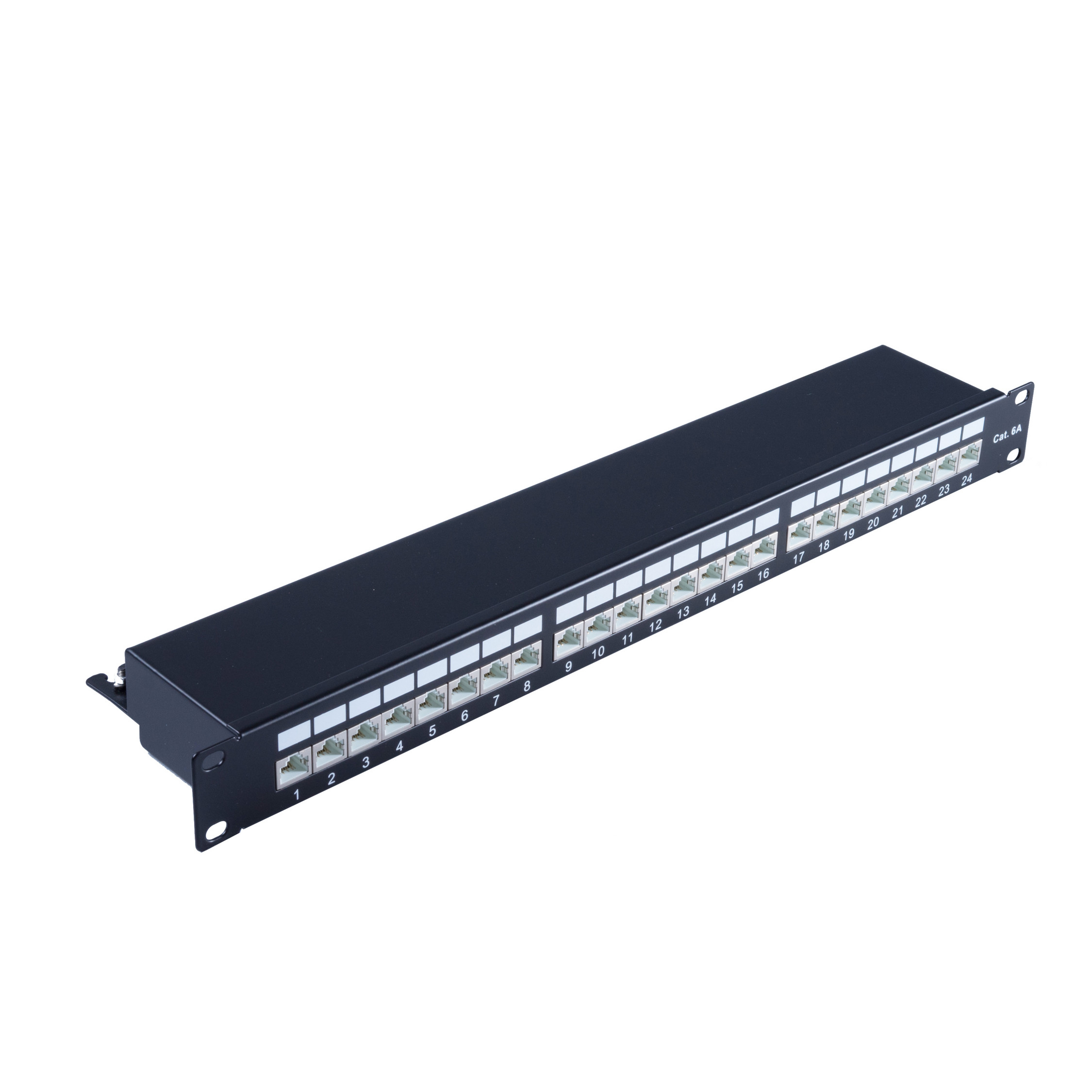 Patch panel nero con 24 porte RJ45. Numeri 1-24 visibili in alto.