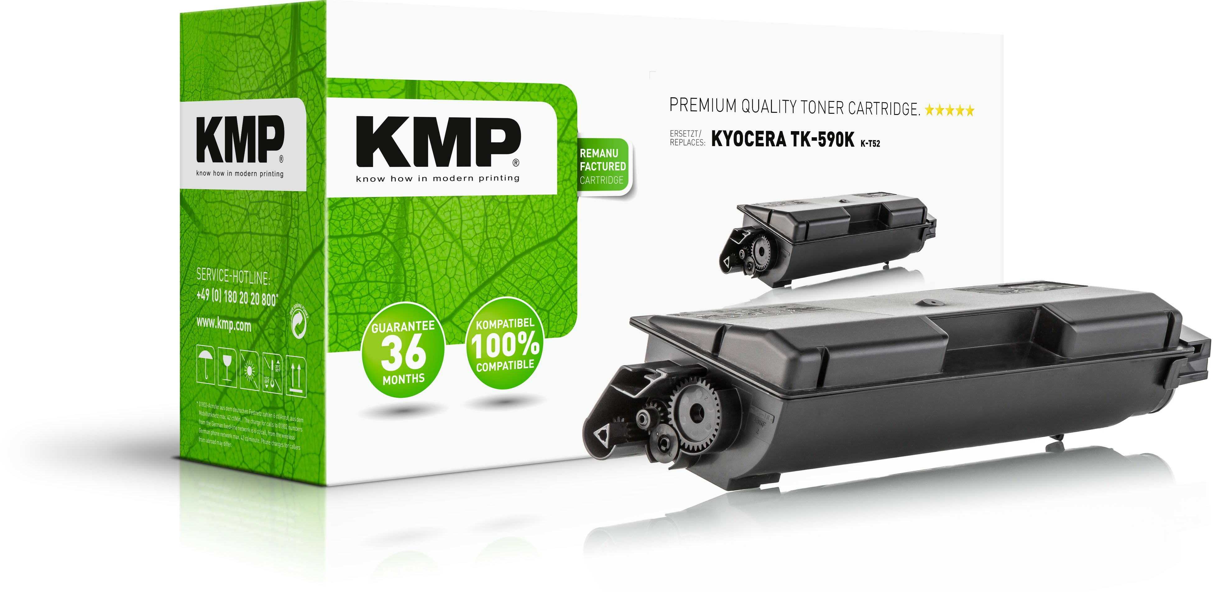 Scatola e cartuccia toner KMP su superficie bianca. Scatola verde con testo e cartuccia nera.
