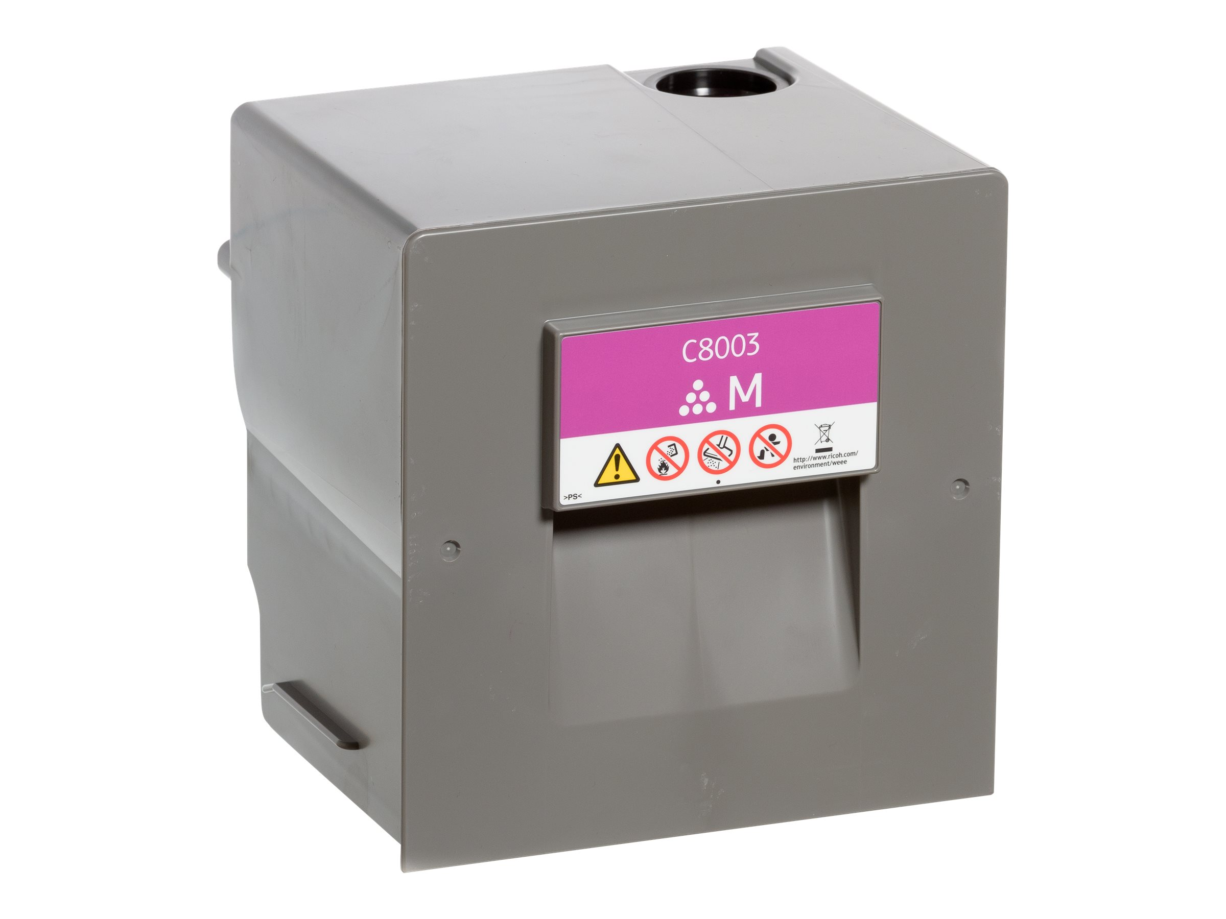 Contenitore toner grigio con etichetta magenta. Ha simboli di pericolo e la scritta 'C8003 M'.