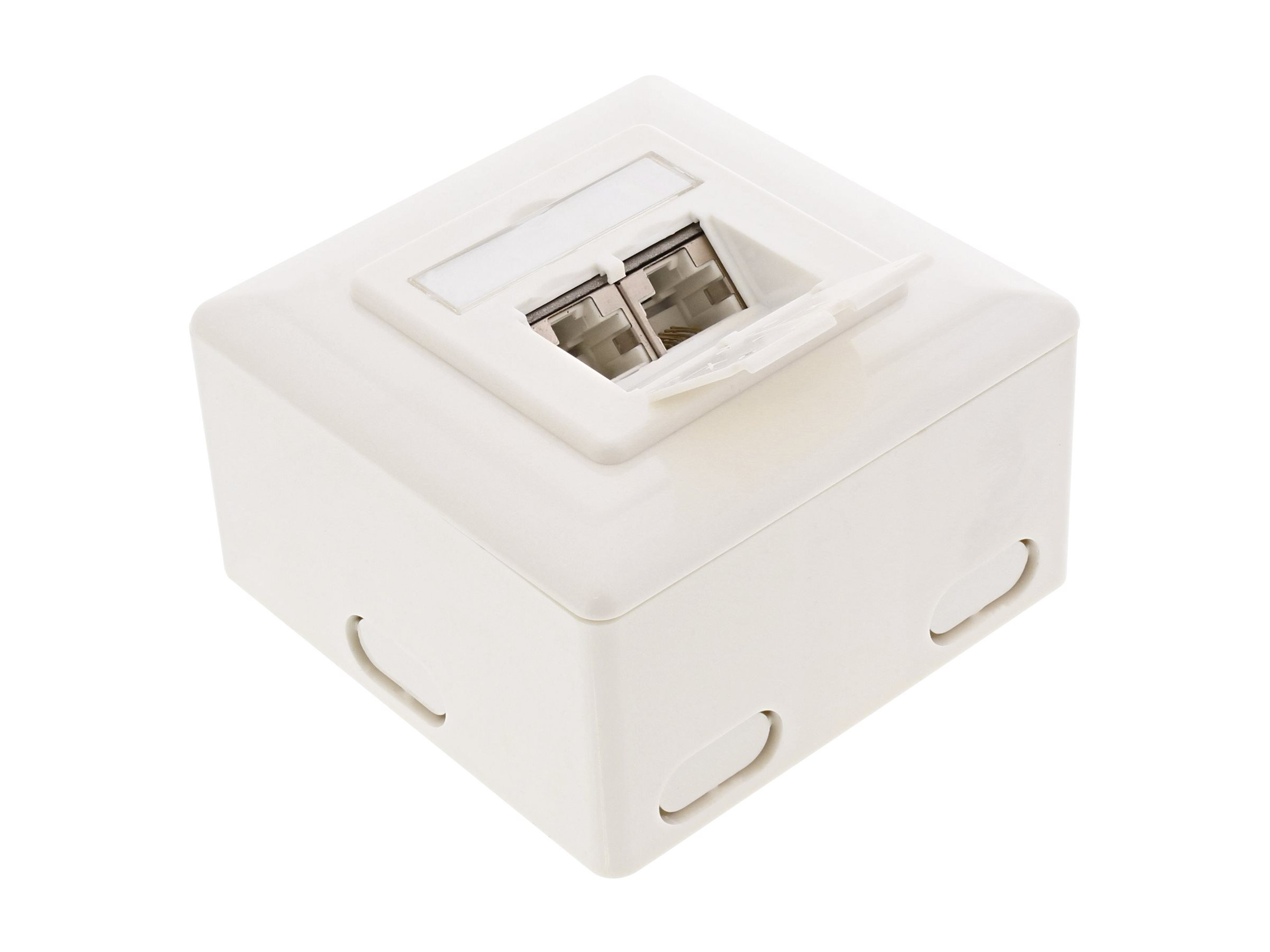 Eine weiße elektrische Box mit zwei RJ45-Anschlüssen. Sie hat eine teilweise geöffnete Abdeckung.