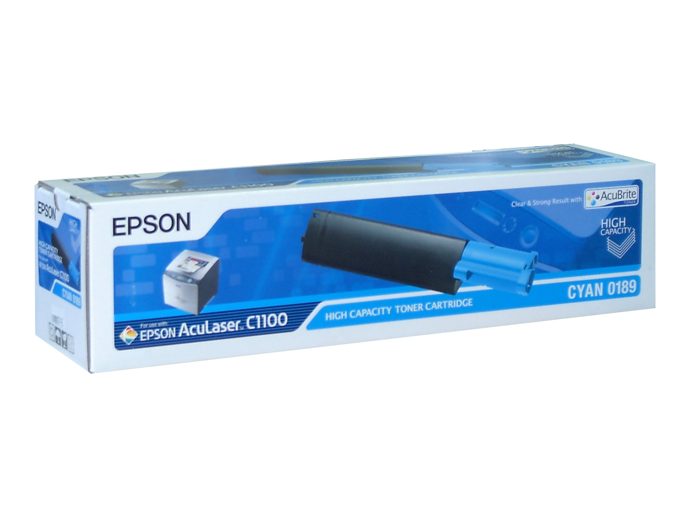 Scatola cartuccia toner Epson. Blu e bianco con cartuccia nera all'interno.