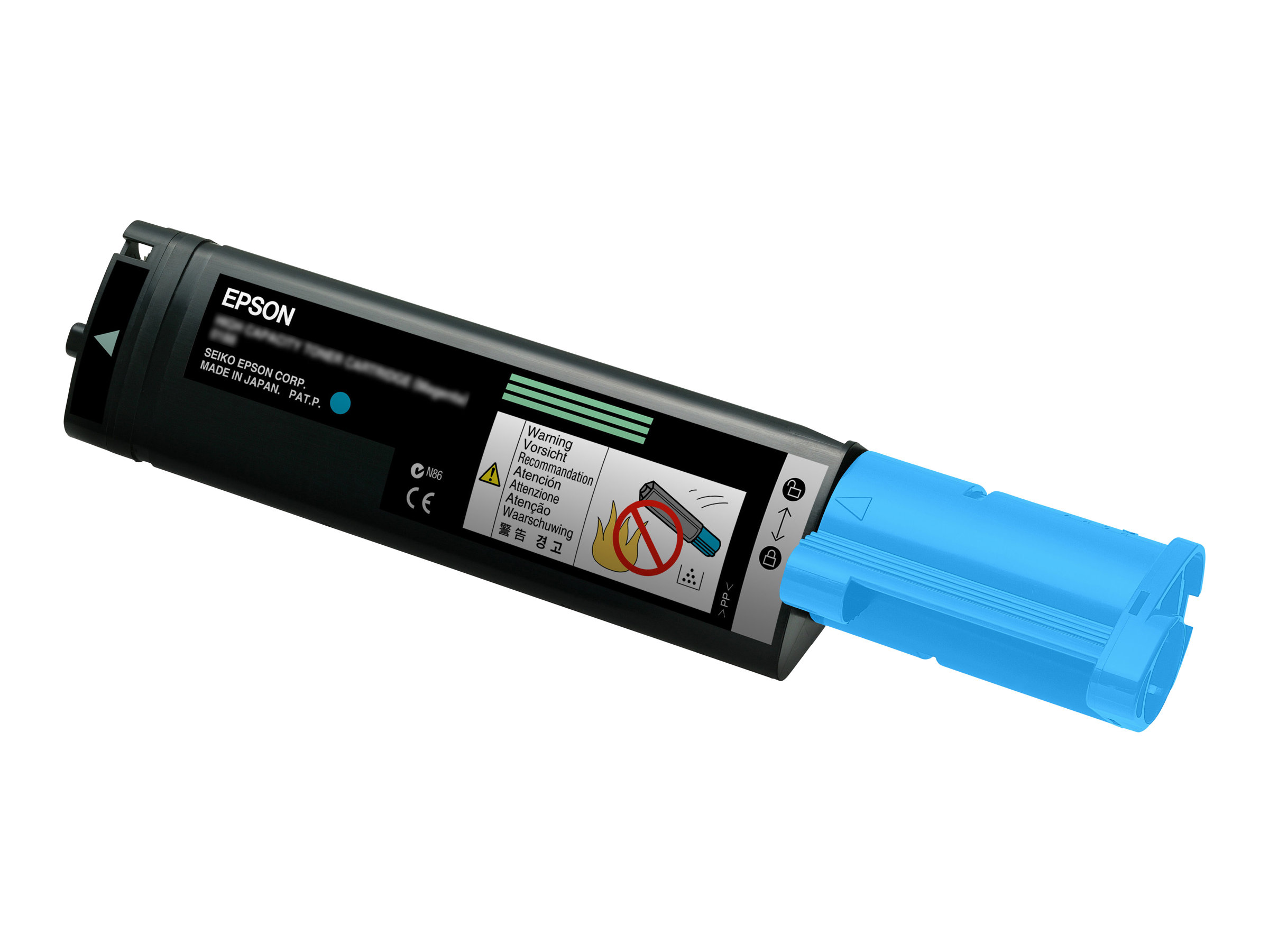 Una cartuccia toner per stampante nera e ciano con un pezzo blu staccabile.