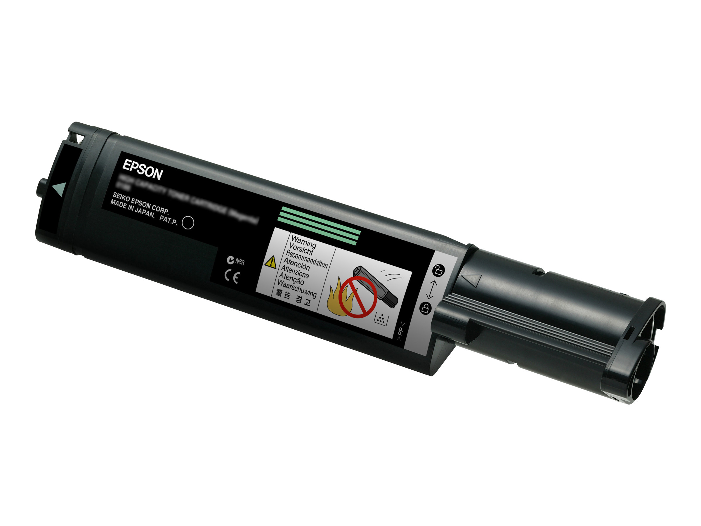 Cartuccia toner Epson nera con etichette di avvertenza, angolata su sfondo bianco.