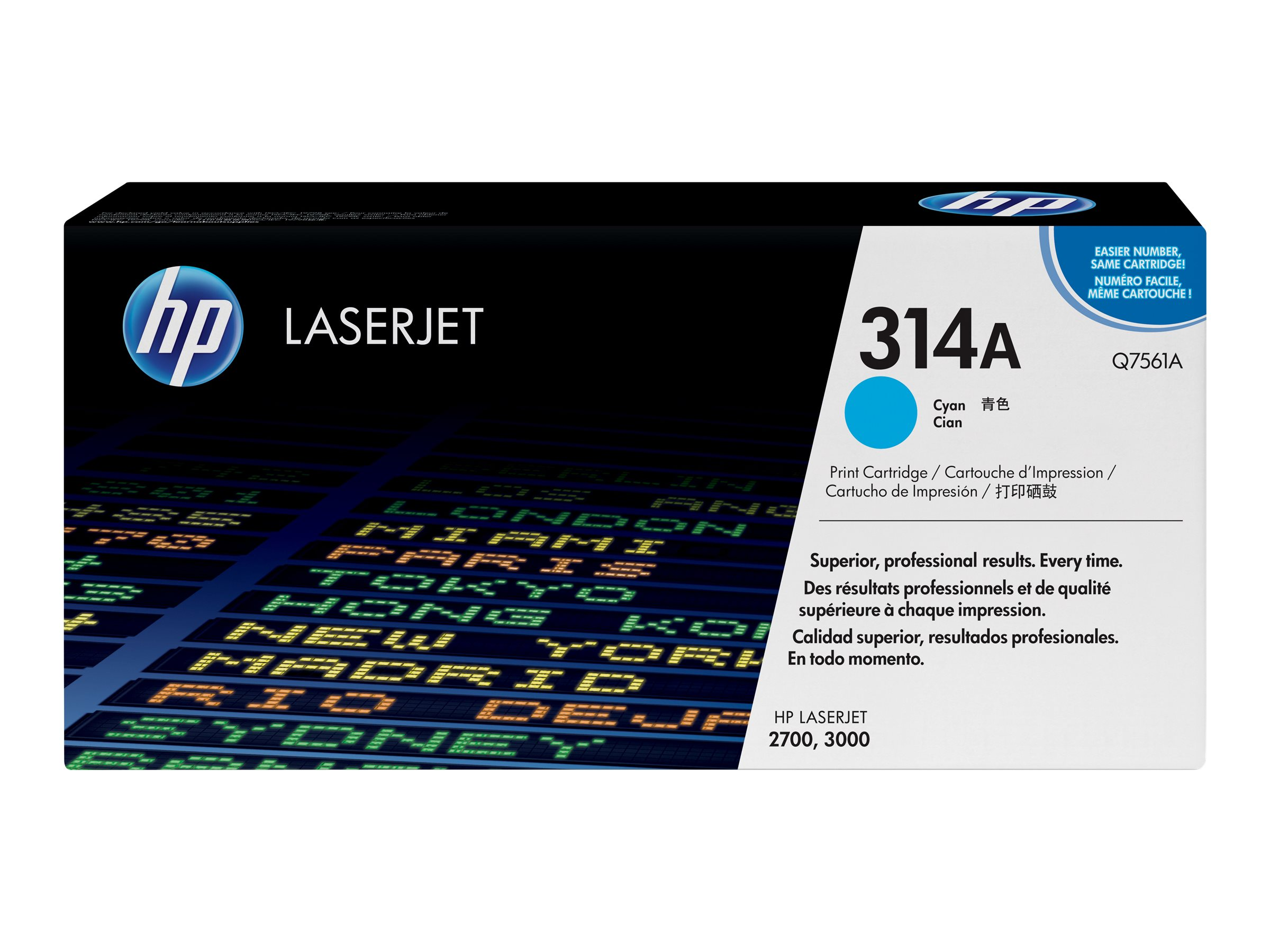 Scatola della cartuccia toner ciano HP LaserJet 314A, con sfondo skyline.