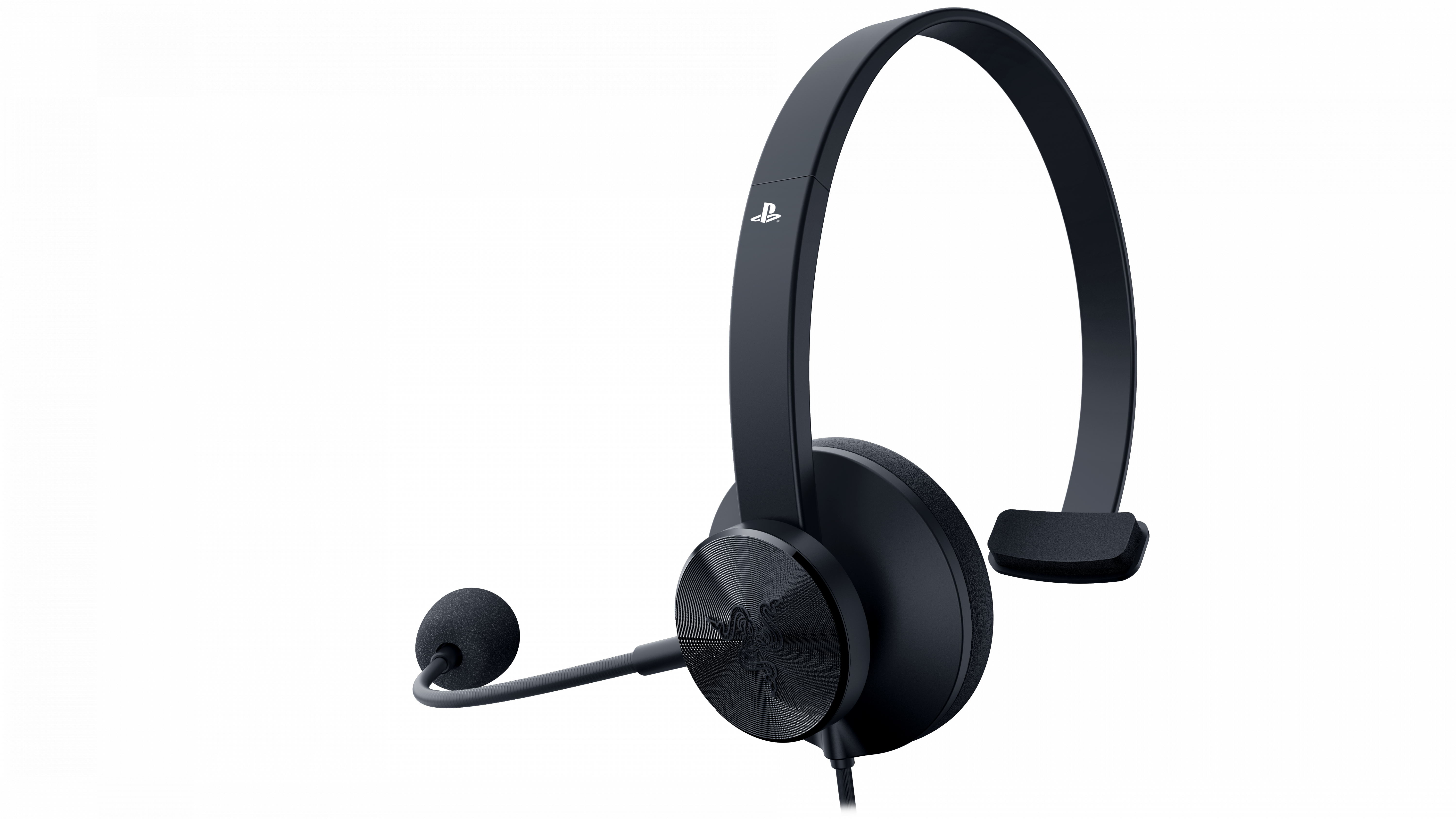 Czarny zestaw słuchawkowy dla graczy z mikrofonem. Zestaw słuchawkowy ma logo Playstation i logo Razer.