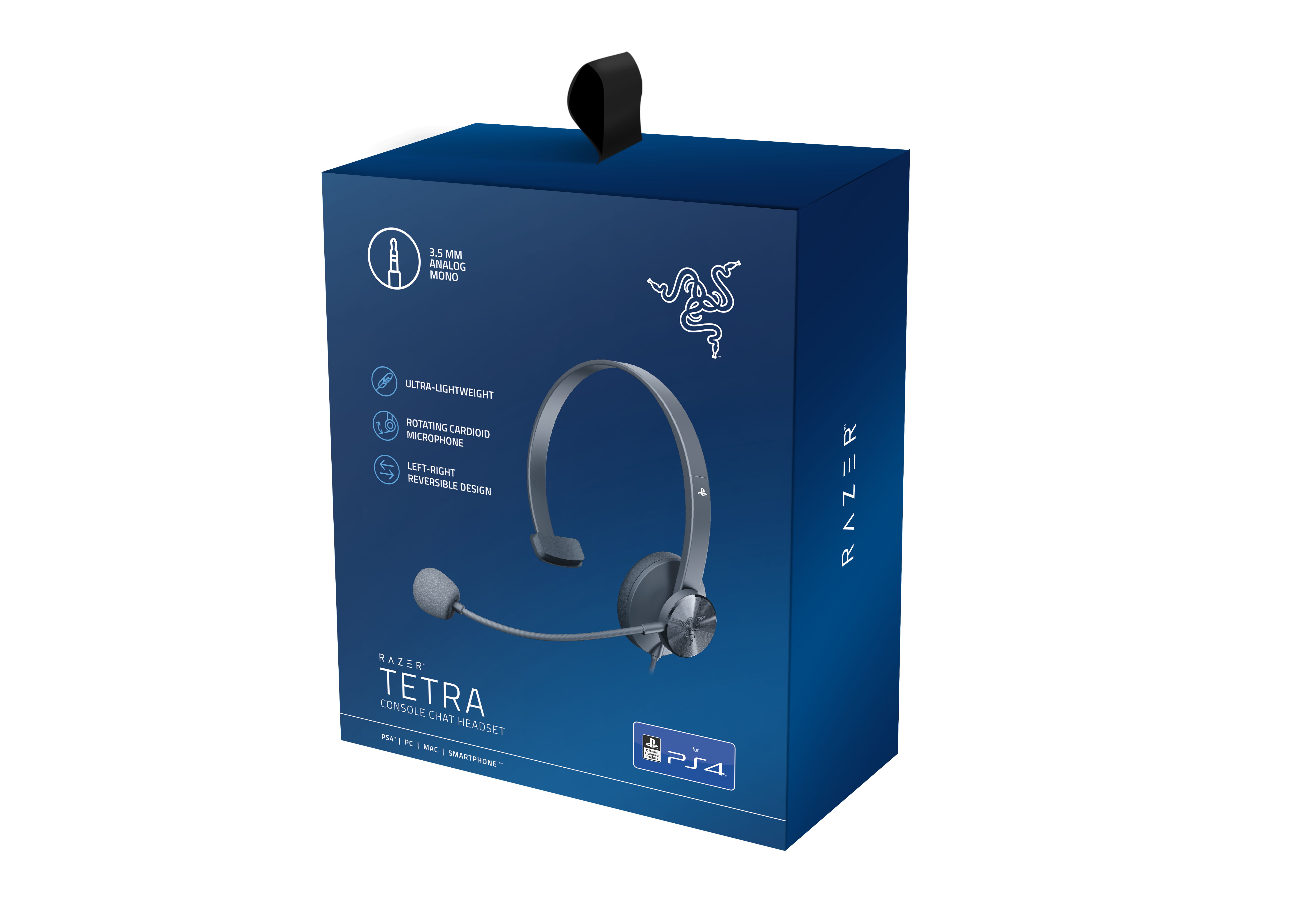 Pudełko słuchawek, niebieskie z obrazem słuchawek, Razer Tetra, logo Playstation, białe tło.