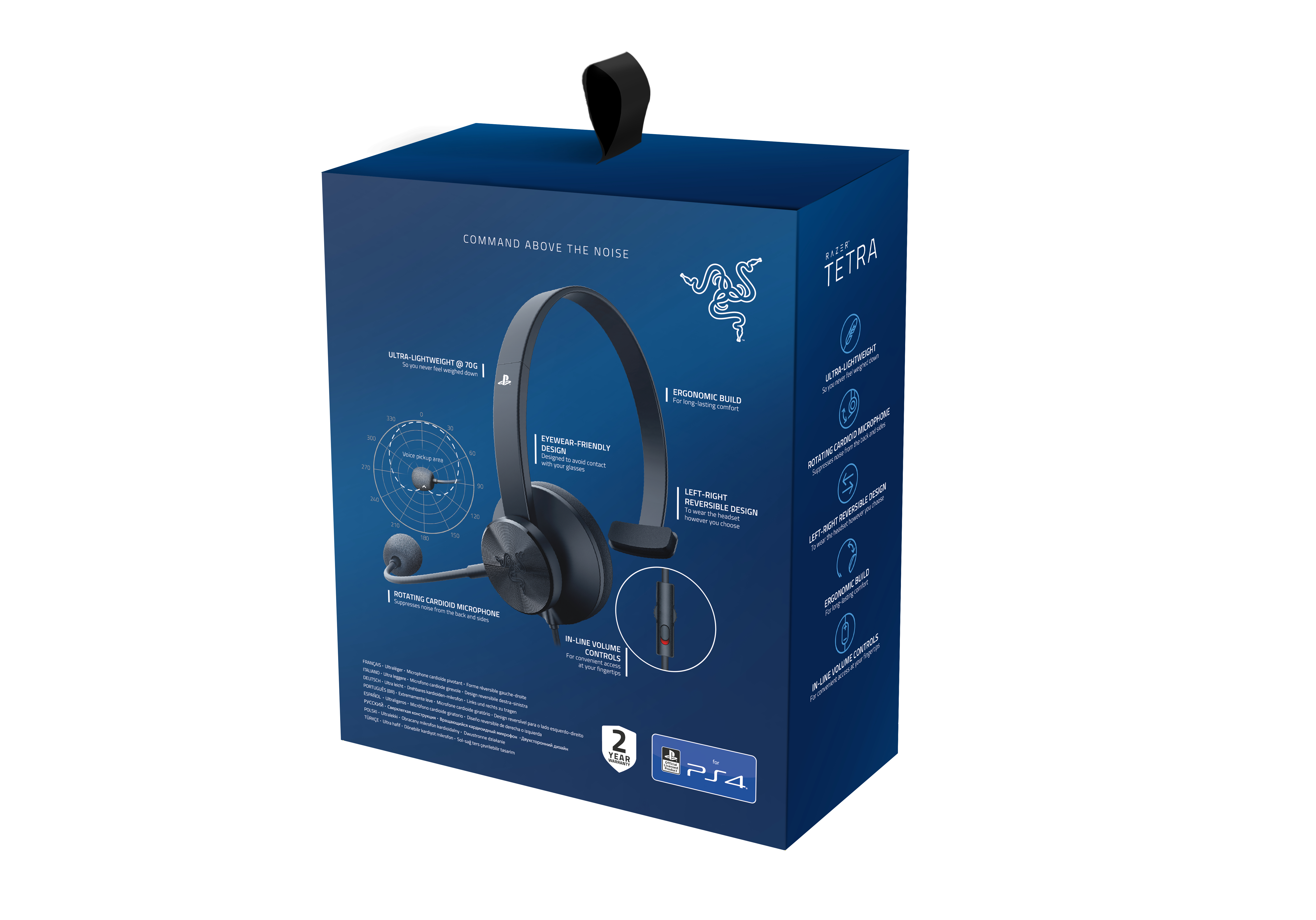 Zestaw słuchawkowy w pudełku. Ma mikrofon i regulację głośności. Pudełko jest czarne i niebieskie.