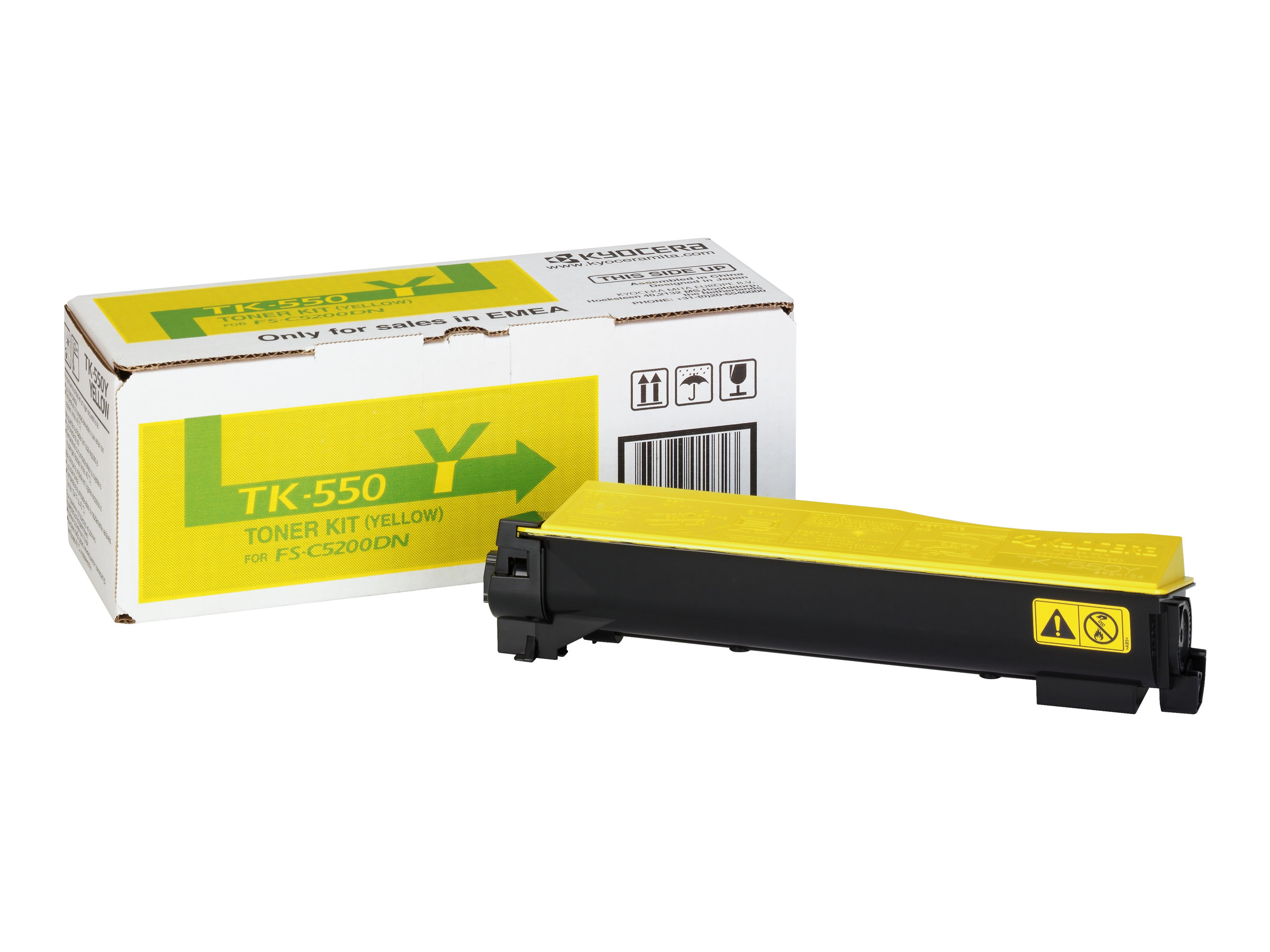 Cartuccia toner gialla in scatola, con etichette di avvertenza e istruzioni per l'uso.