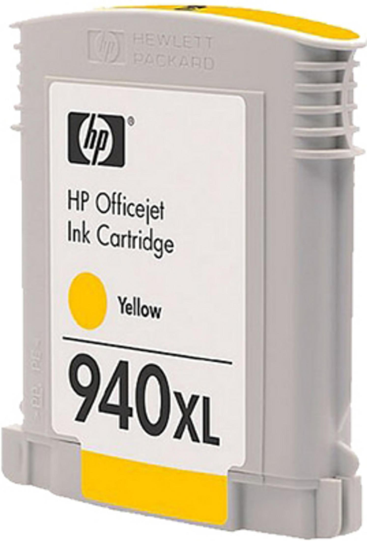 Gelbe HP-Tintenpatrone, beschriftet mit '940XL', auf weißem Hintergrund, mit dem HP-Logo.