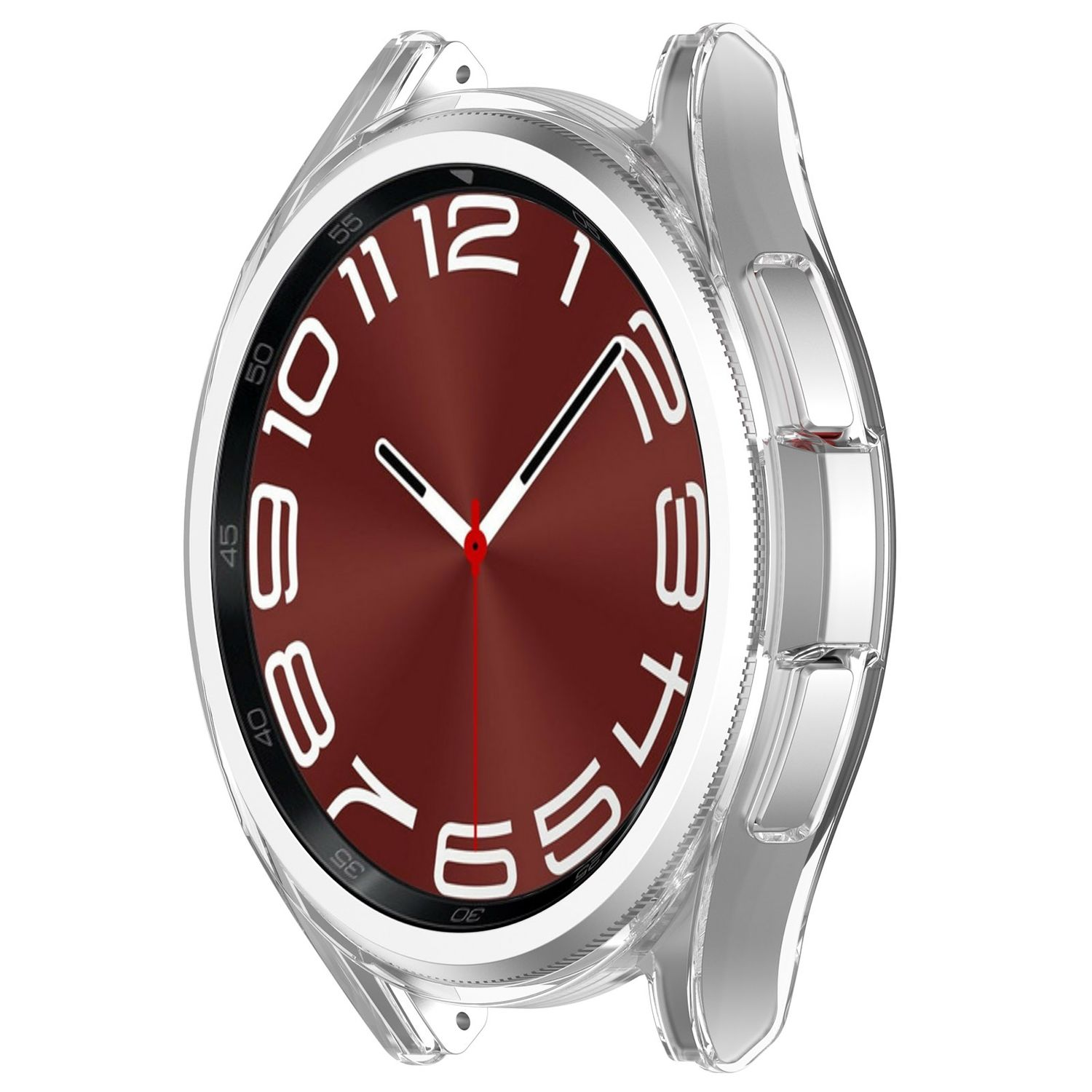 Un reloj con esfera roja, números blancos y una funda protectora transparente.
