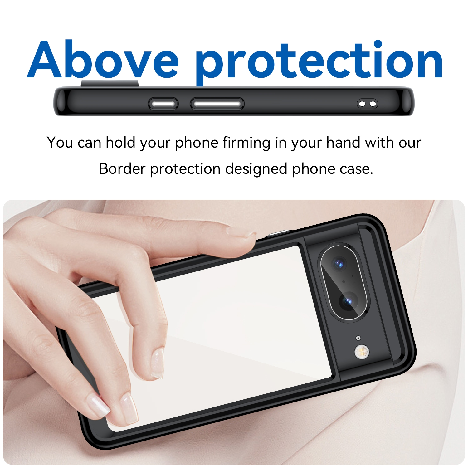 Eine Handyhülle mit schwarzem Rand, die ein Telefon schützt, das von einer Person gehalten wird.