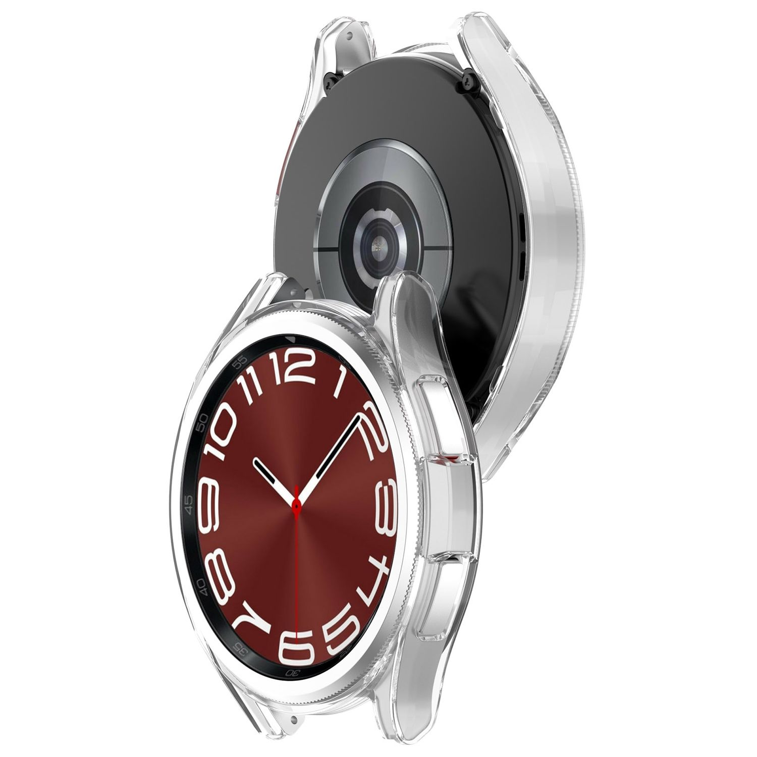 Reloj con funda transparente. Esfera rojiza con números blancos.