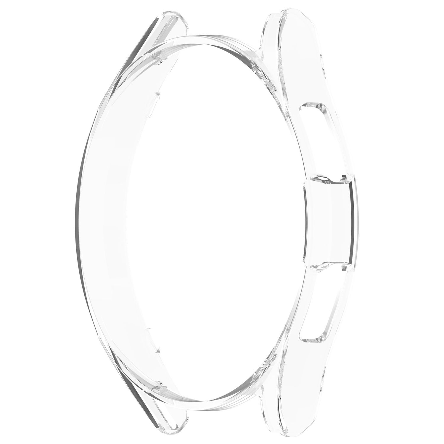Funda transparente para reloj. Forma redonda, lados abiertos para botones y correa.