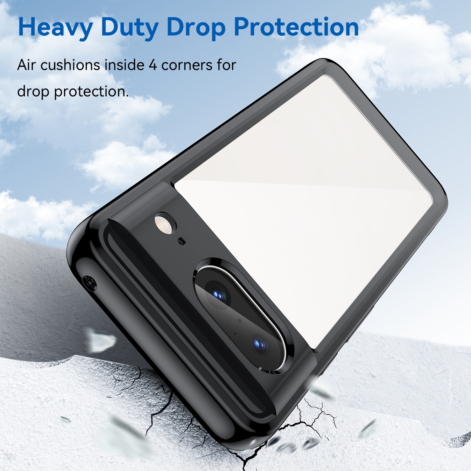 Eine schwarze Handyhülle mit klarer Vorderseite, zeigt ein Telefon mit blauem Himmel und Wassertextur.