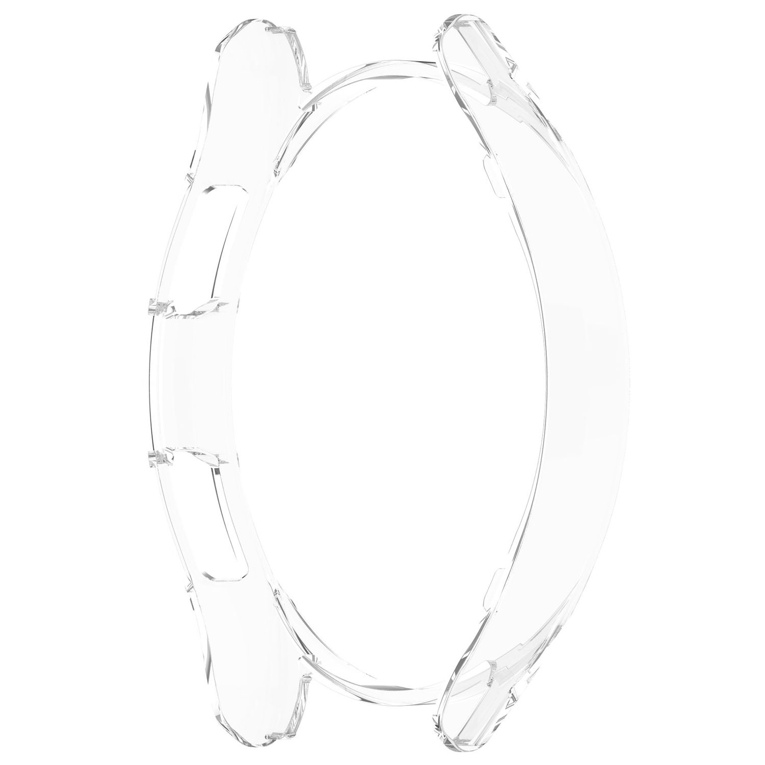 Funda transparente para reloj. Es transparente y tiene forma circular con recortes.
