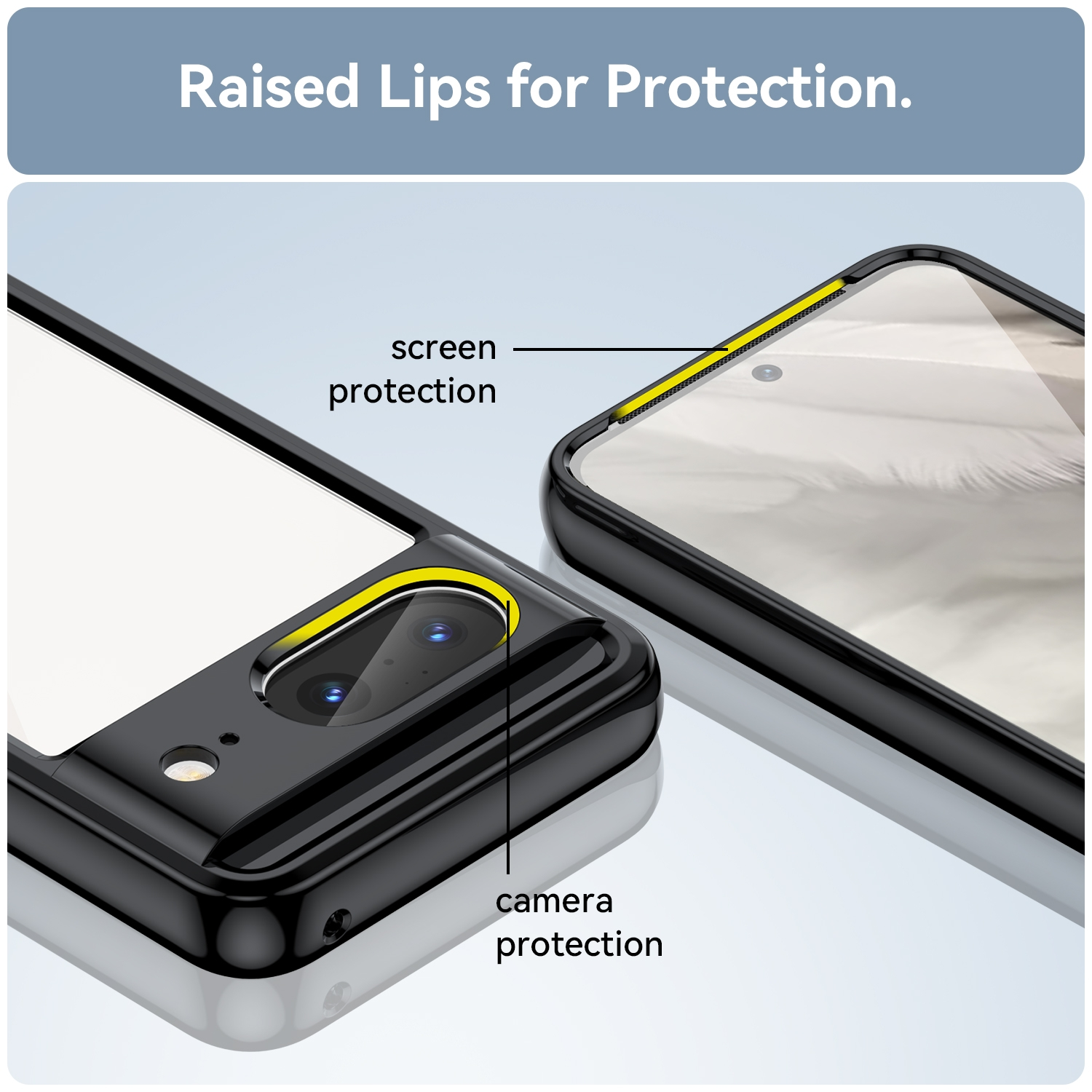 Smartphone-Hülle, schwarz mit gelbem Akzent. Zeigt Bildschirm- und Kameraschutzdetails.