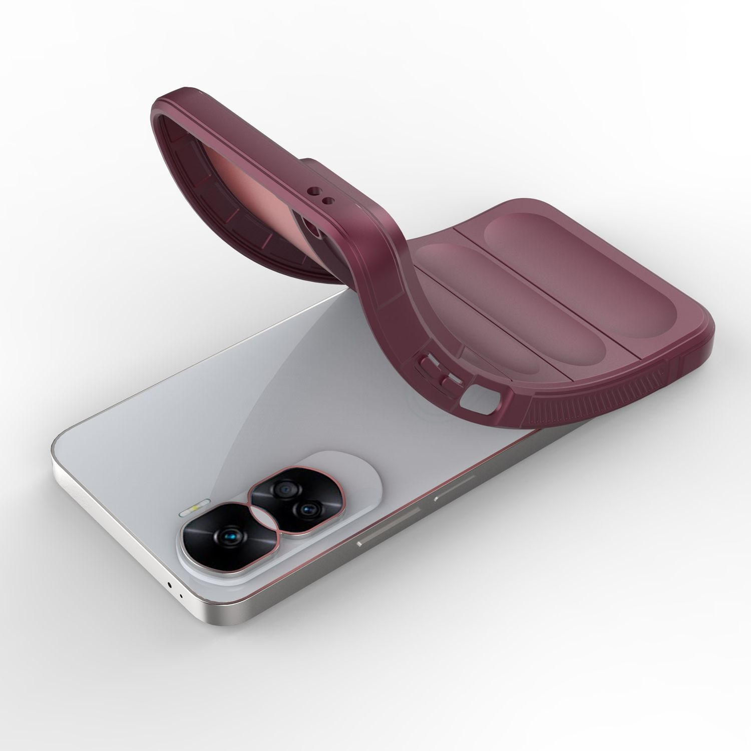 Burgunderfarbene Handyhülle wird von einem silbernen Smartphone abgezogen, Rückseite sichtbar.