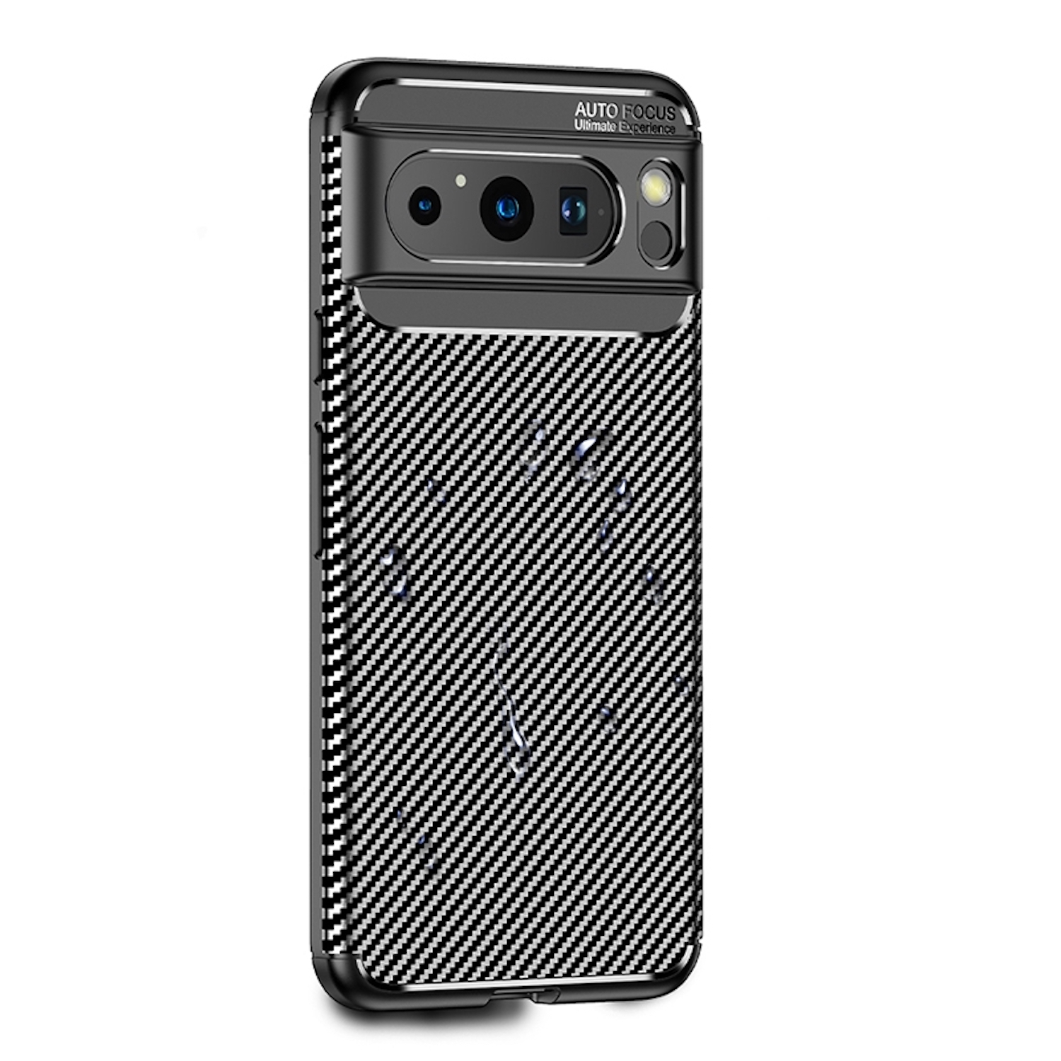 Smartphone-Hülle mit schwarz-weißem Karbonfasermuster und schwarzem Kamerabereich.