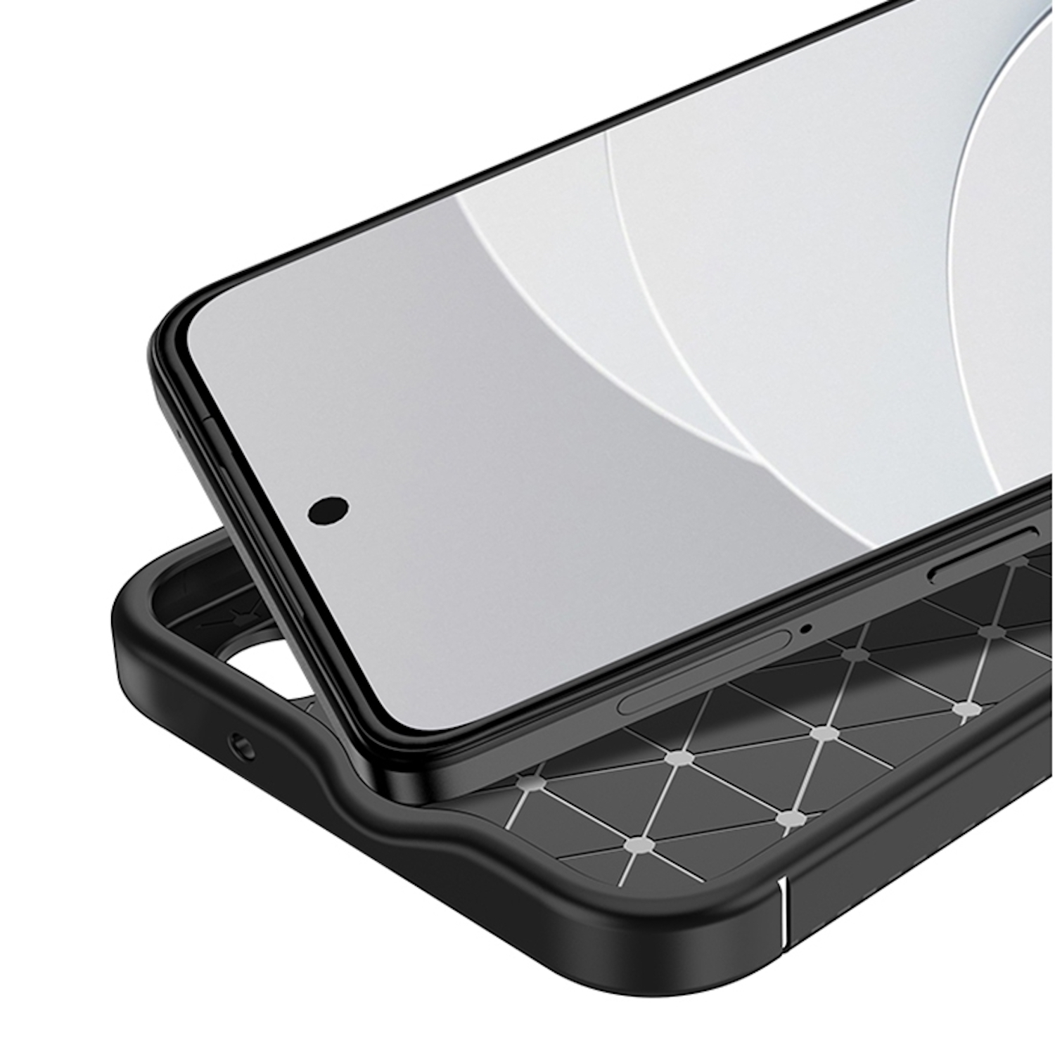 Schwarze Handyhülle mit einem Handy. Hülle hat ein Wabenmuster.
