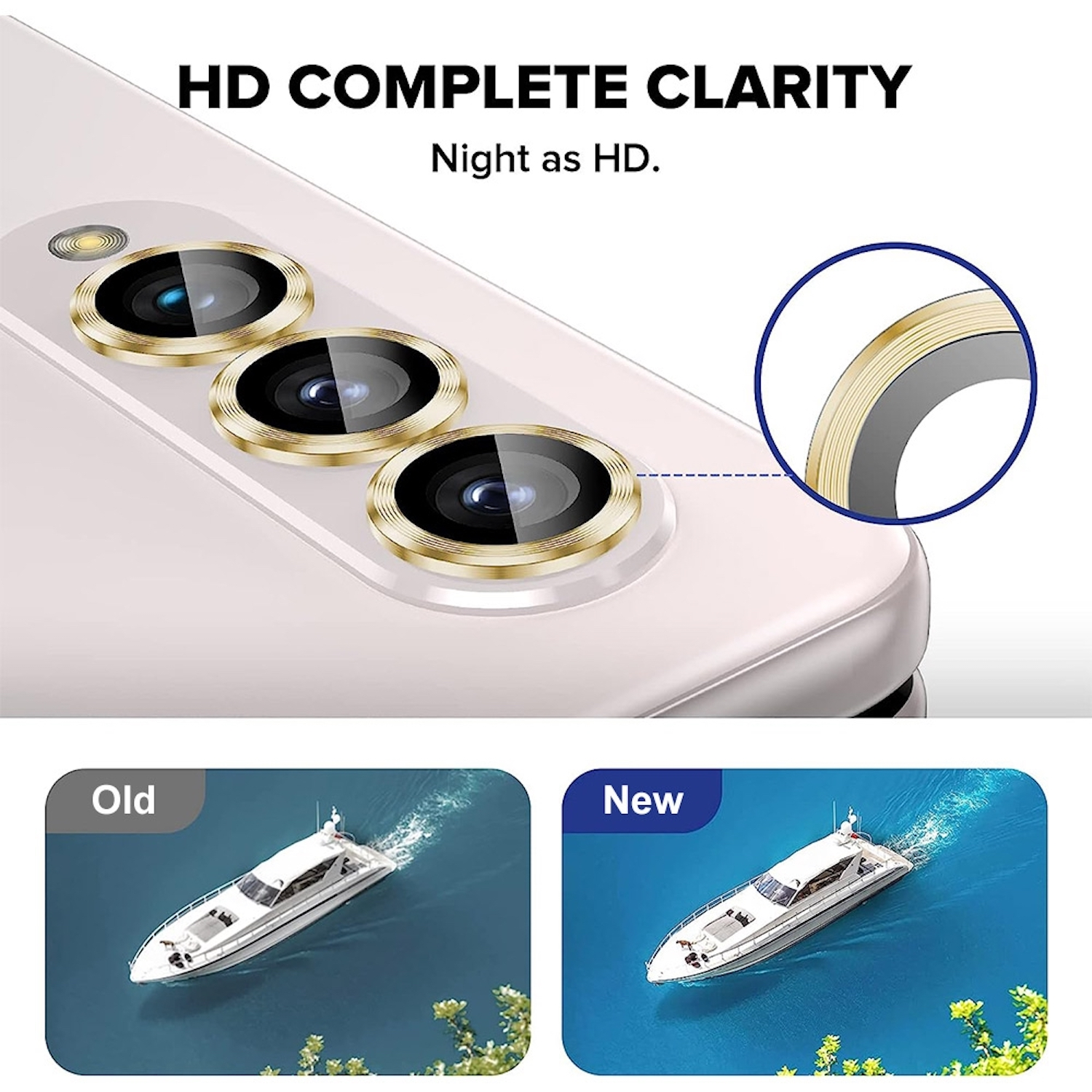 Obiettivi della fotocamera dorati su telefono bianco. Barca sull'acqua a confronto.