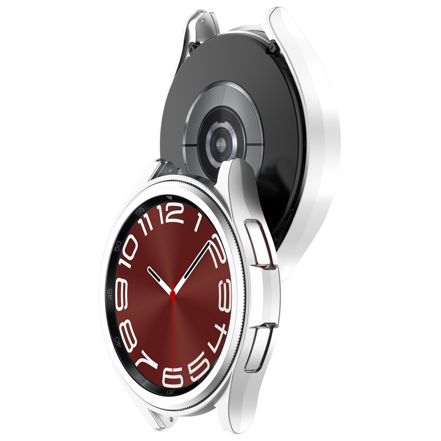 Ein silbernes Smartwatch-Gehäuse mit rotem Zifferblatt. Die Uhr ist geöffnet und zeigt das Innere.