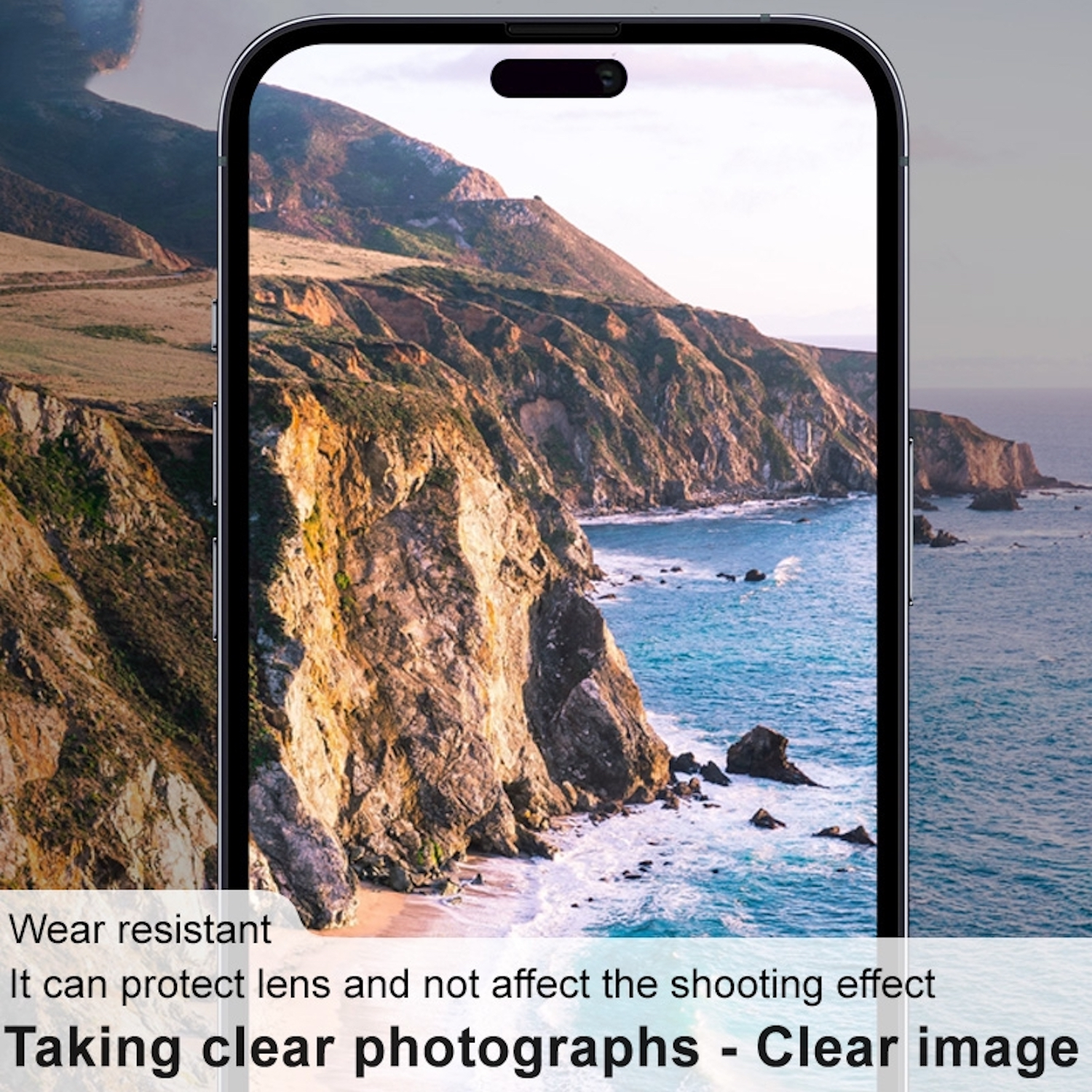 Un telefono mostra una scena costiera. Il testo dice: 'Scattare foto nitide - Immagine nitida'.