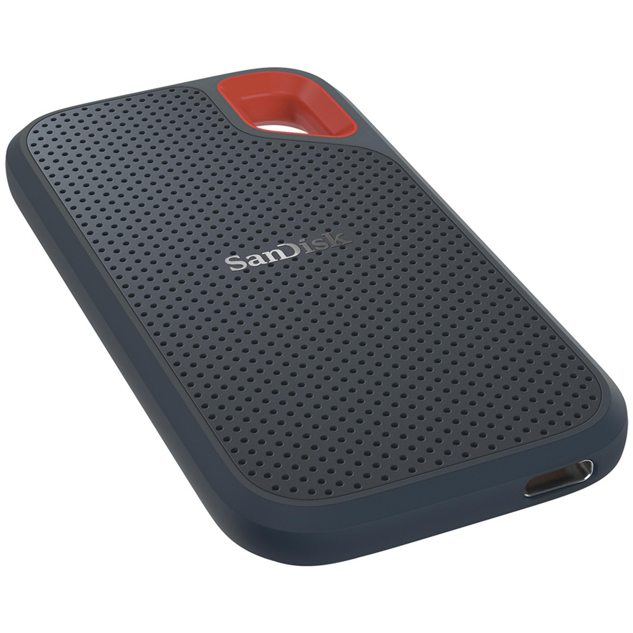 Eine dunkelgraue tragbare Festplatte mit roter Schlaufe. Sie hat eine strukturierte Oberfläche und einen USB-Anschluss.