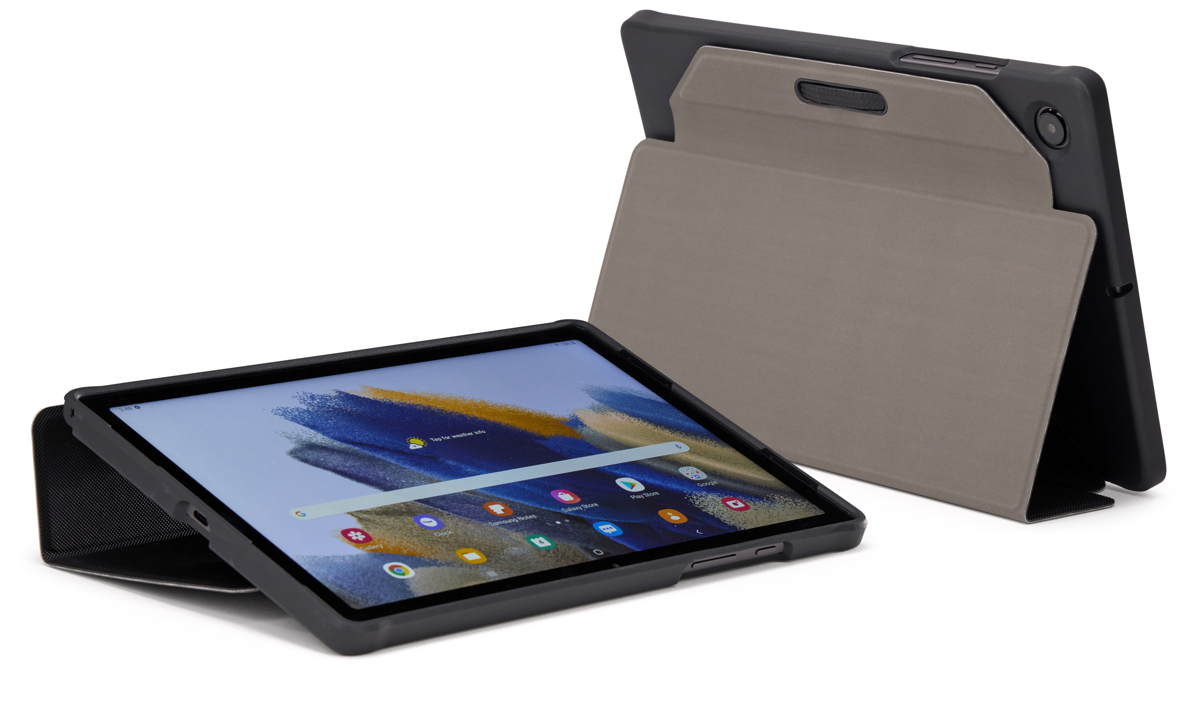 Zwei Tablets, eines geöffnet, in einem Gehäuse. Das offene zeigt den Bildschirm mit Apps, das andere ist geschlossen.
