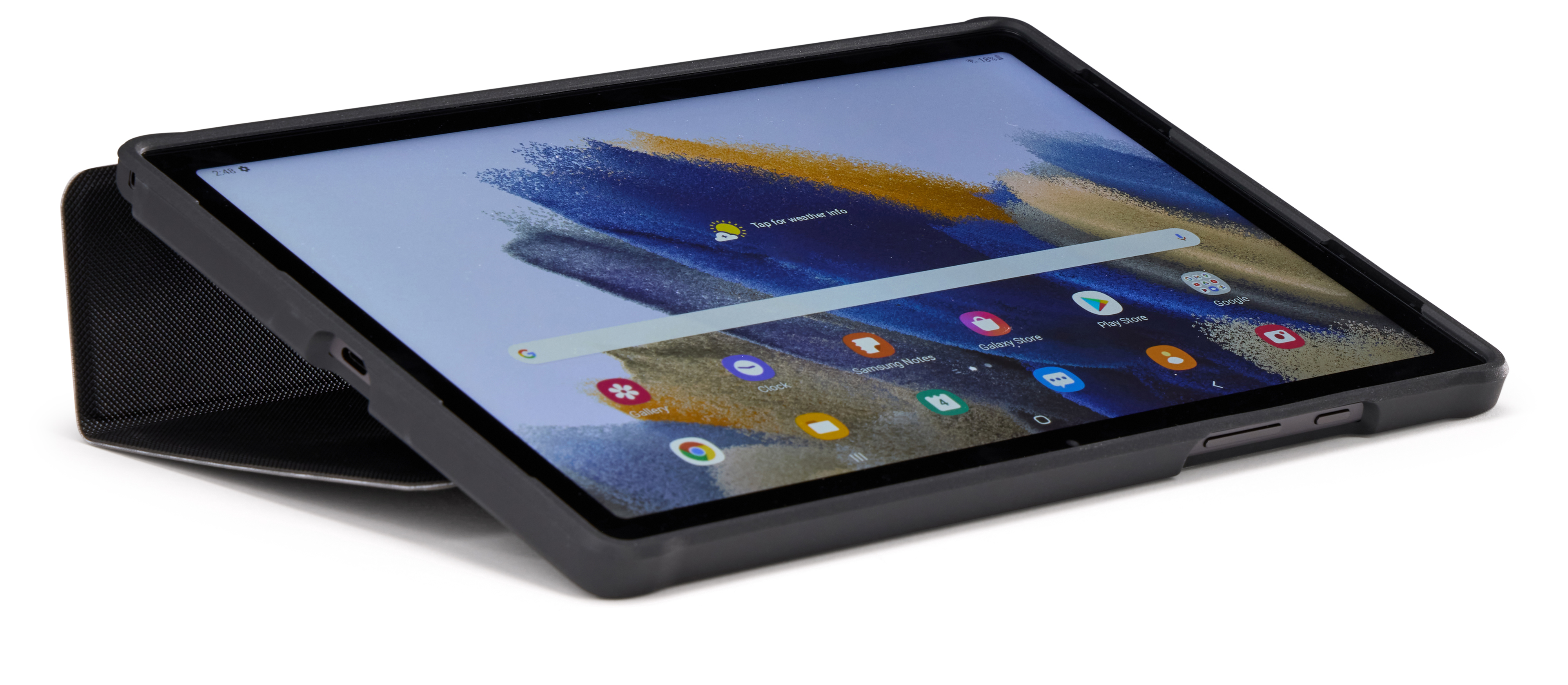 Samsung Tablet in schwarzem Case. Bildschirm zeigt Apps. Case ist geöffnet, Bildschirm sichtbar.
