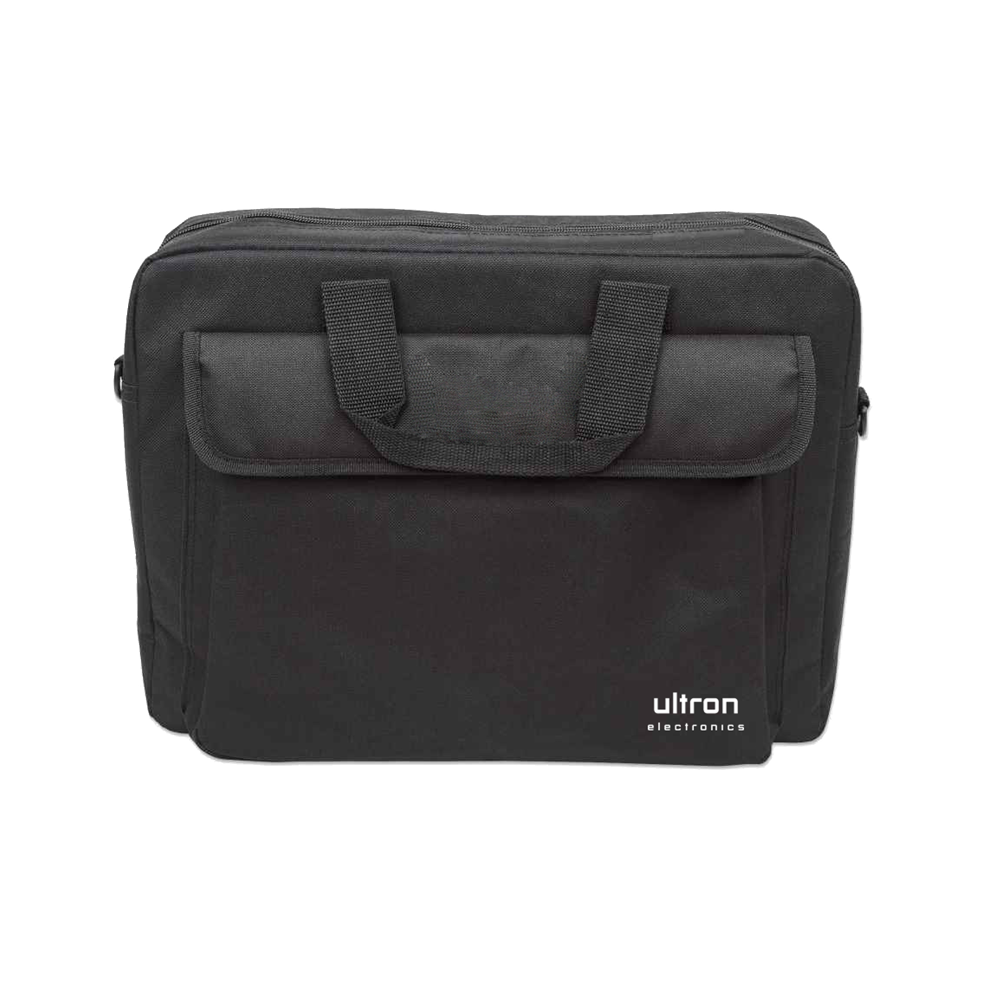 Borsa nera con manici. Ha una tasca frontale e il marchio 'ultron electronics'.