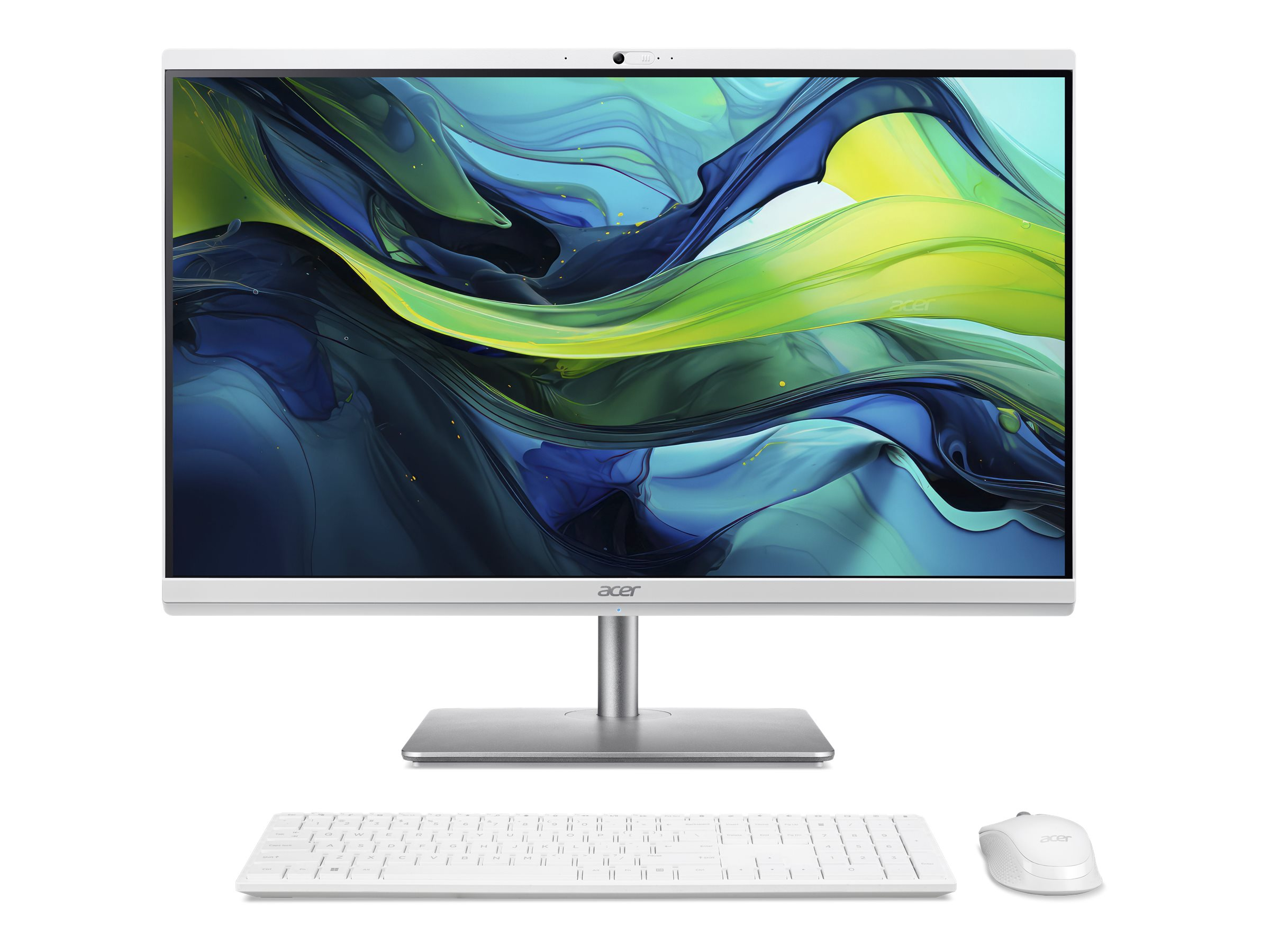 Weißer All-in-One-Computer mit großem Bildschirm, Webcam, Tastatur und Maus auf weißer Oberfläche.