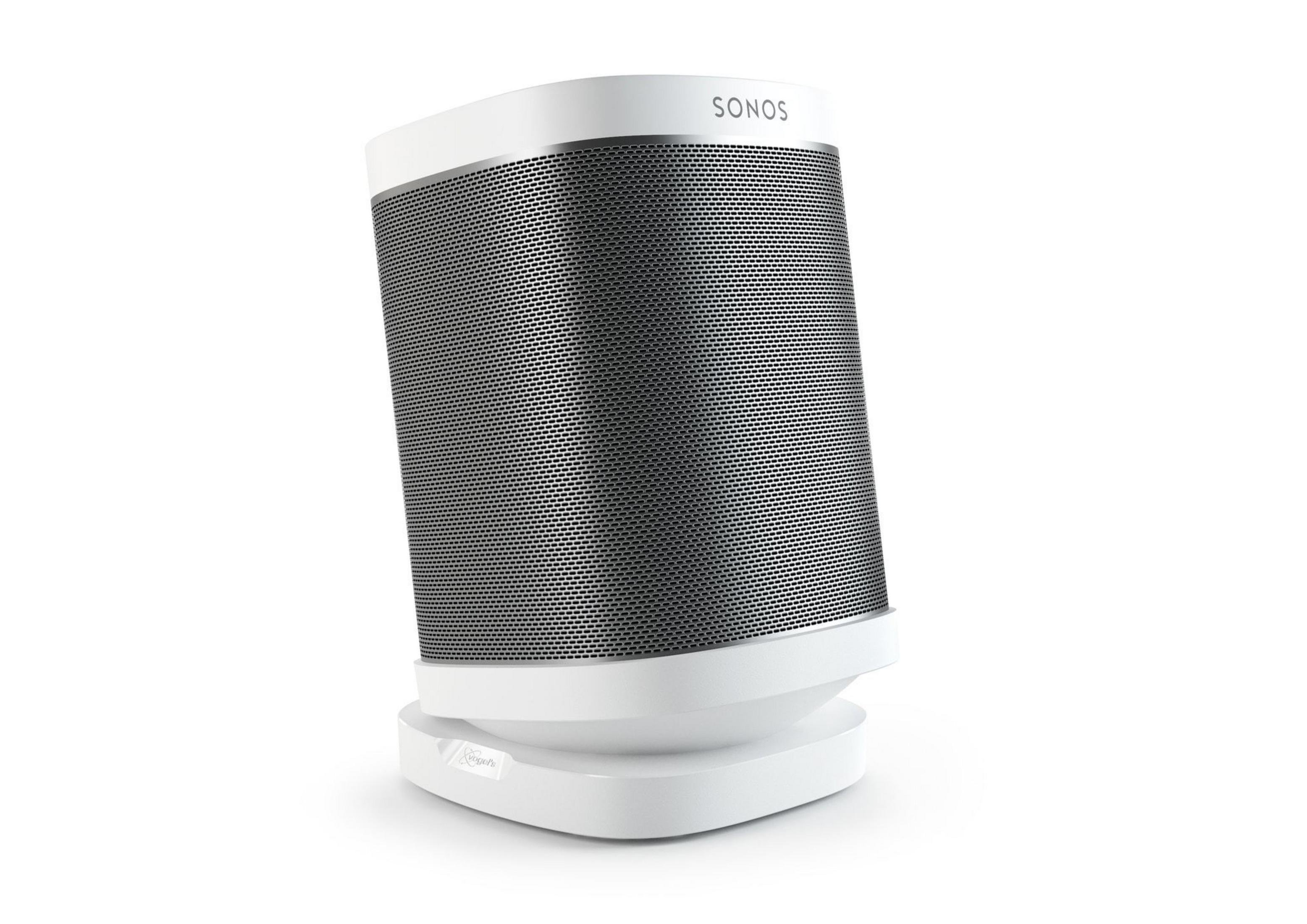 Altavoz Sonos blanco sobre soporte blanco, aislado sobre fondo blanco.