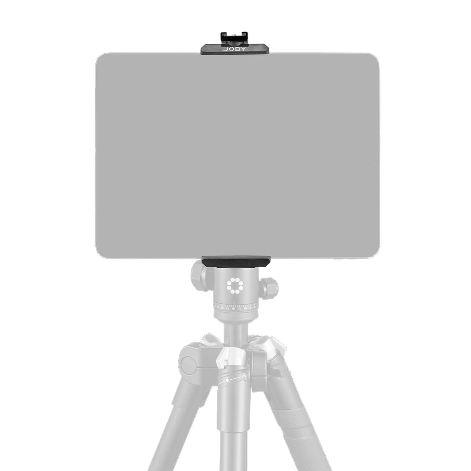 Tablet an einem Stativ befestigt, schwarzer Hintergrund. Das Tablet befindet sich in der Mitte. JOBy Logo.