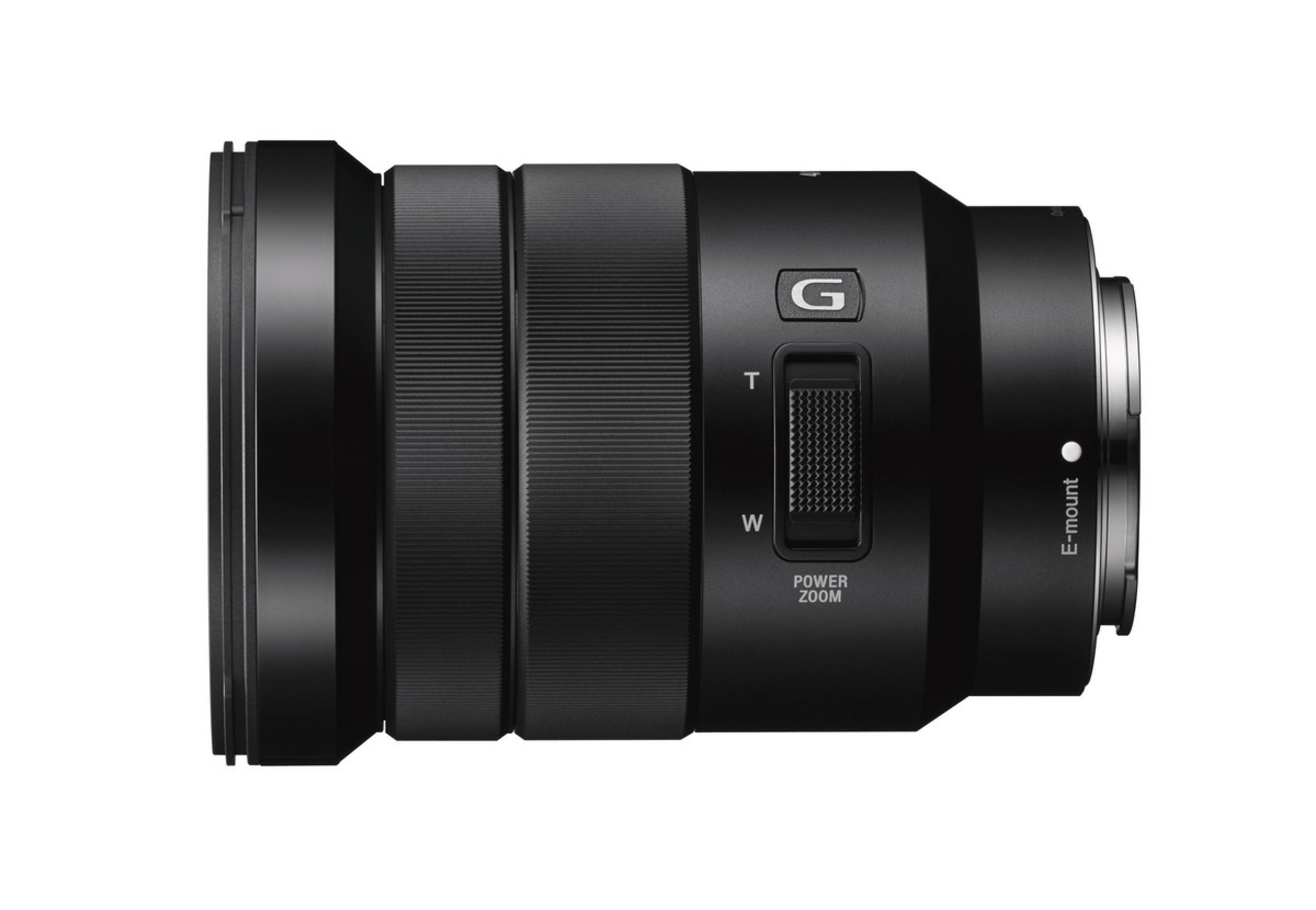 Lente de cámara negro con anillo de zoom y interruptor de zoom de potencia. Etiquetado con 'G' y 'E-mount'.