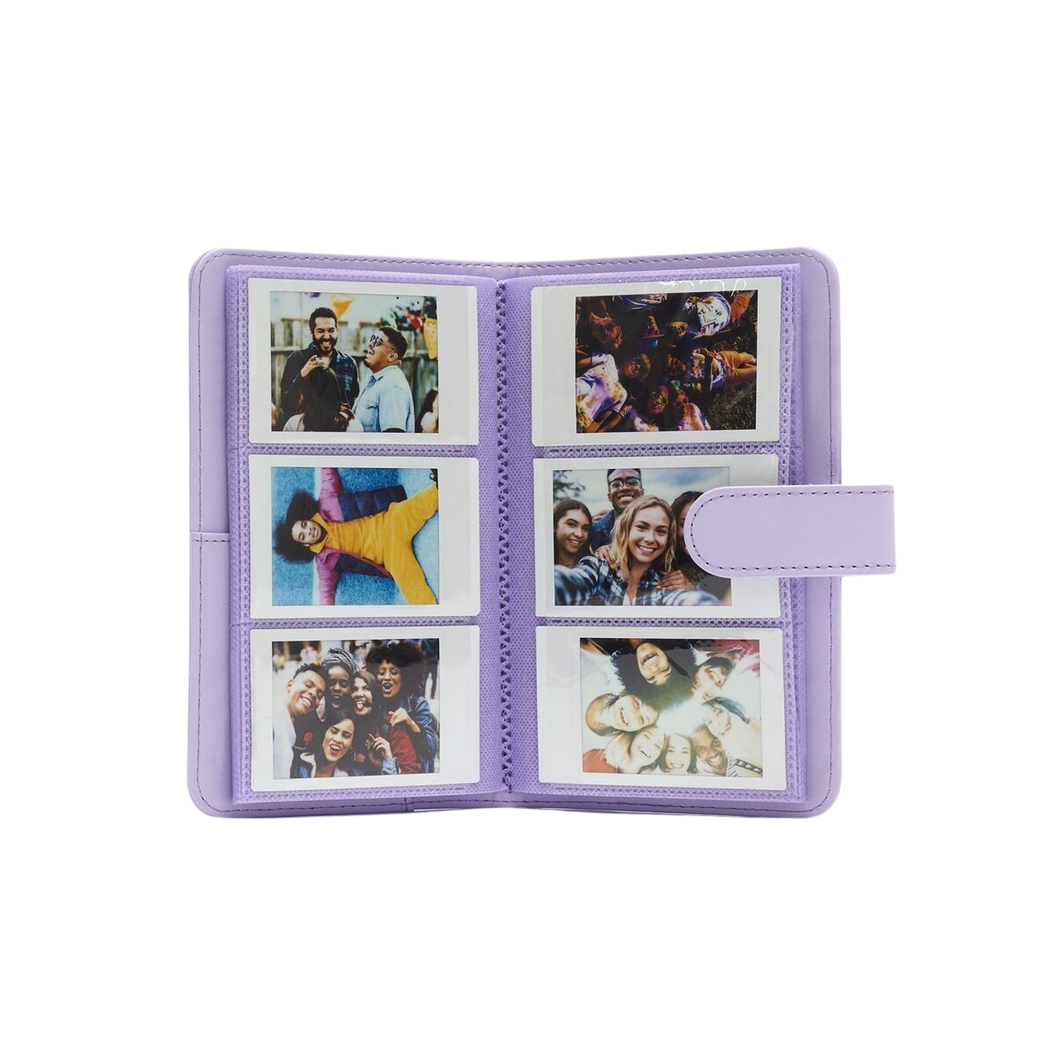 Fioletowy album fotograficzny ze zdjęciami ludzi, otwarty, aby wyświetlić sześć małych zdjęć.