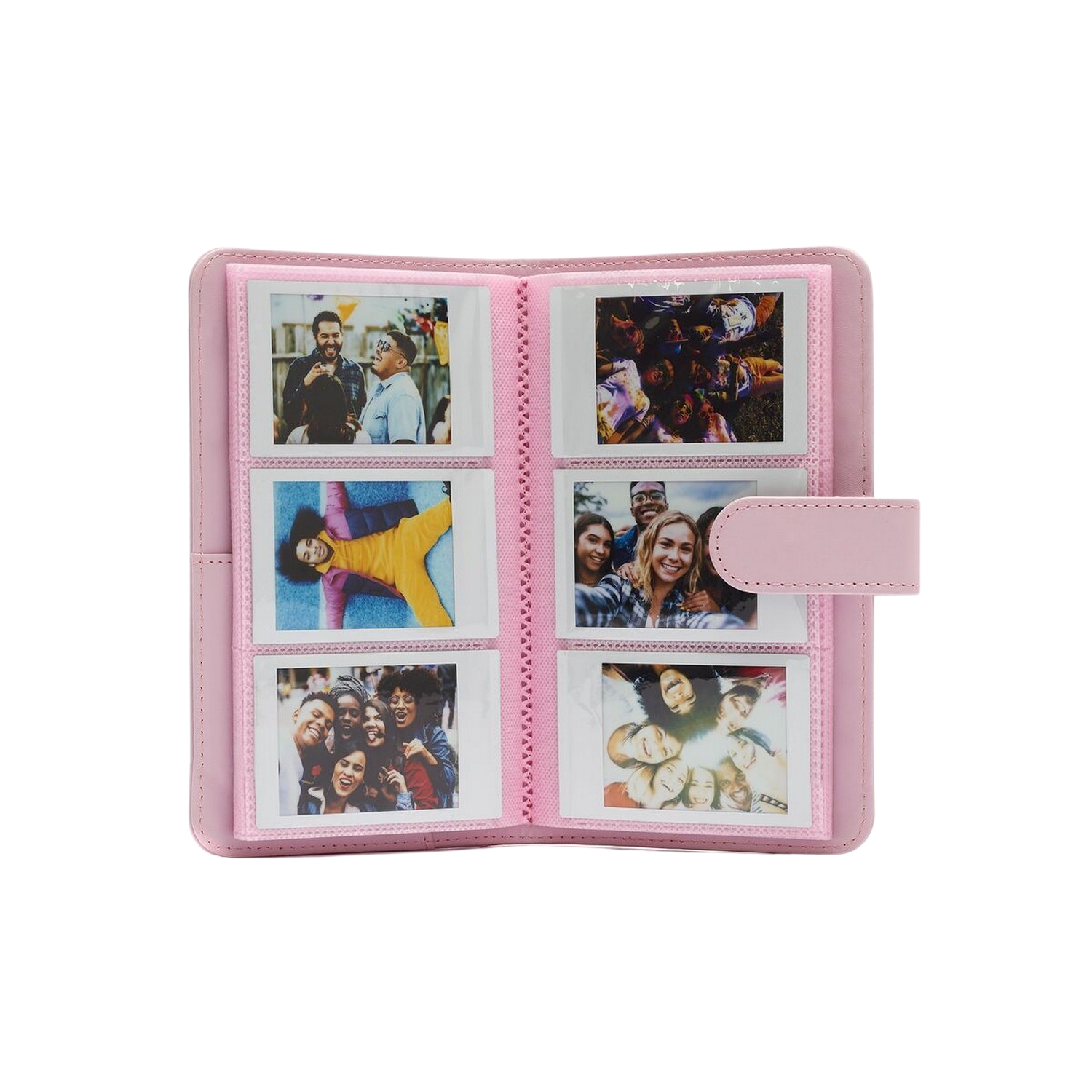 Otwarty różowy album ze zdjęciami uśmiechniętych ludzi i różowym zapięciem.