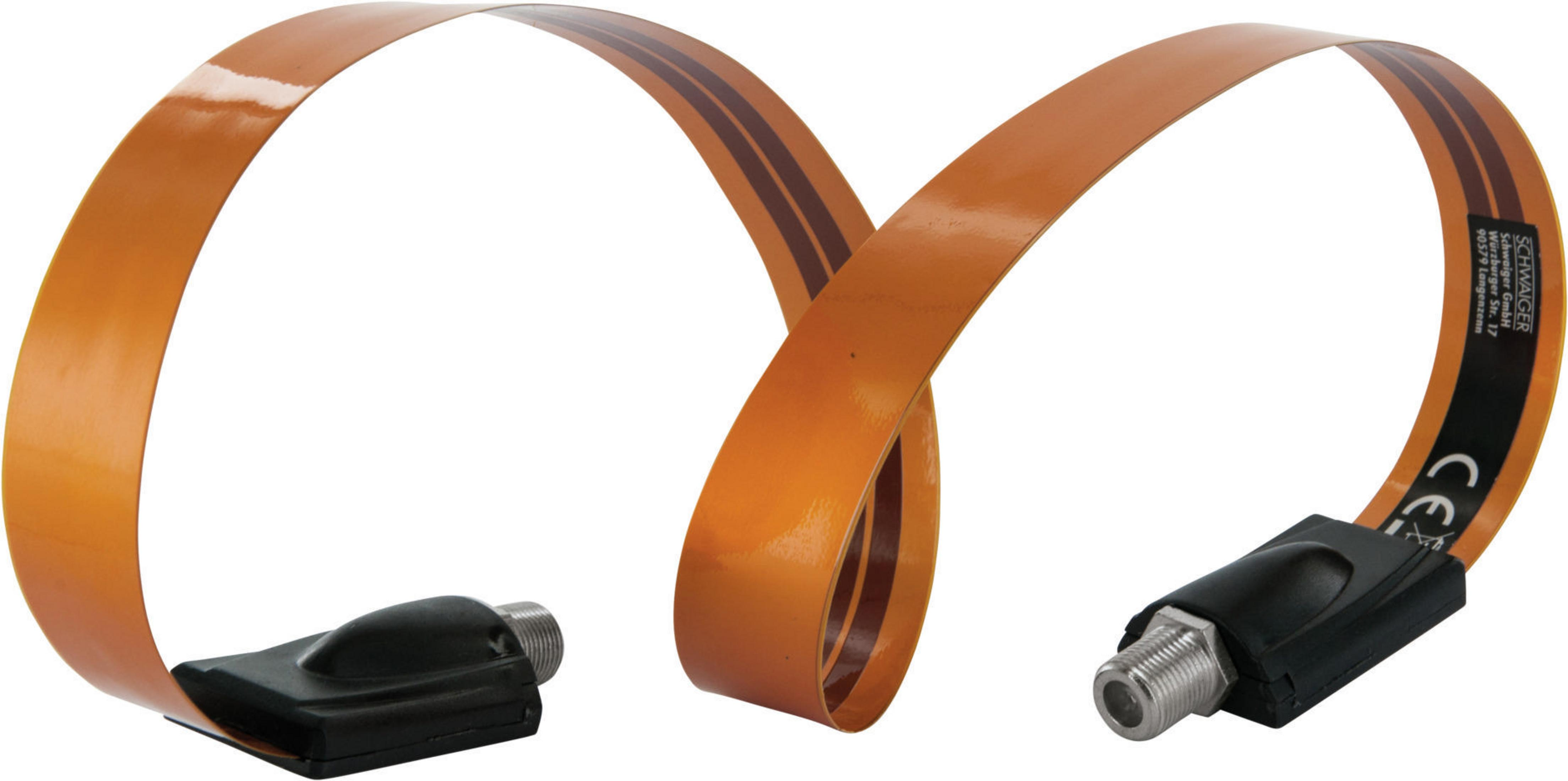 Ein orangefarbenes, flexibles Antennenkabel mit zwei schwarzen Steckern, in einer Schleife gebogen, auf weißem Hintergrund.