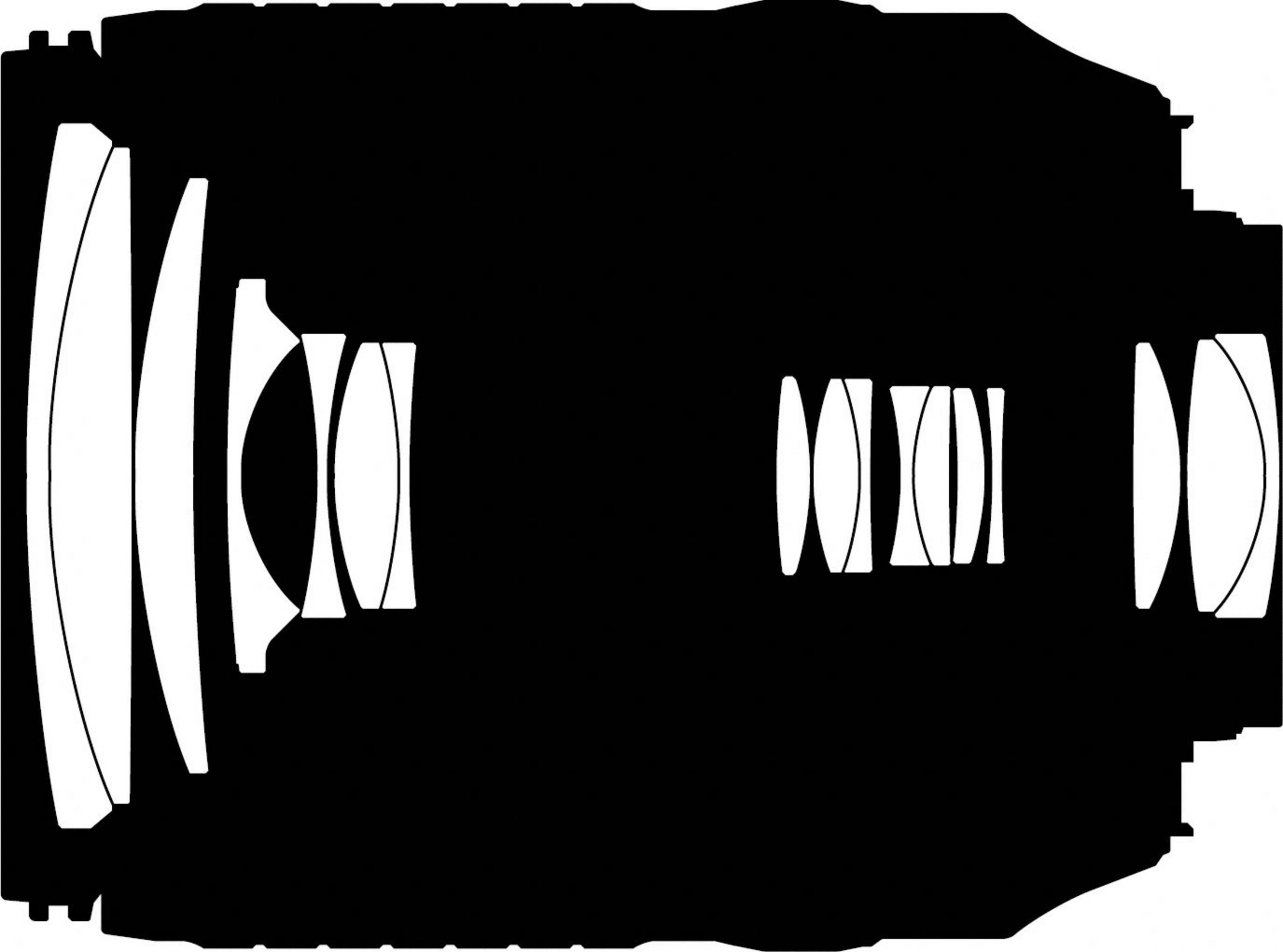 Czarna sylwetka obiektywu aparatu z wieloma elementami soczewki. Obiektyw jest długi i cylindryczny.