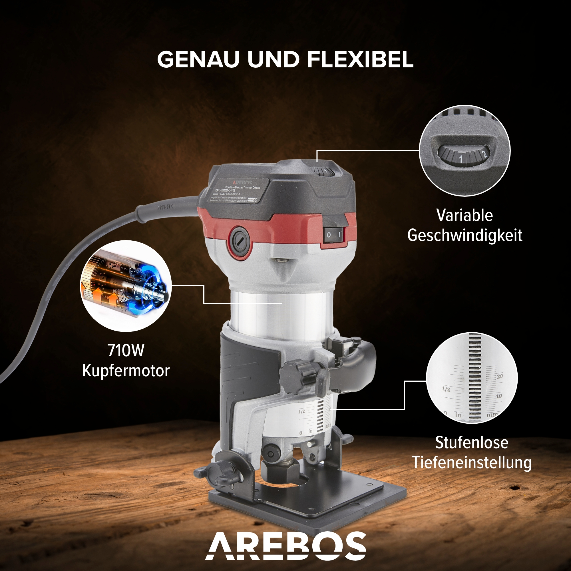 Elektrowerkzeug mit roten und grauen Farben, auf Holzoberfläche dargestellt.