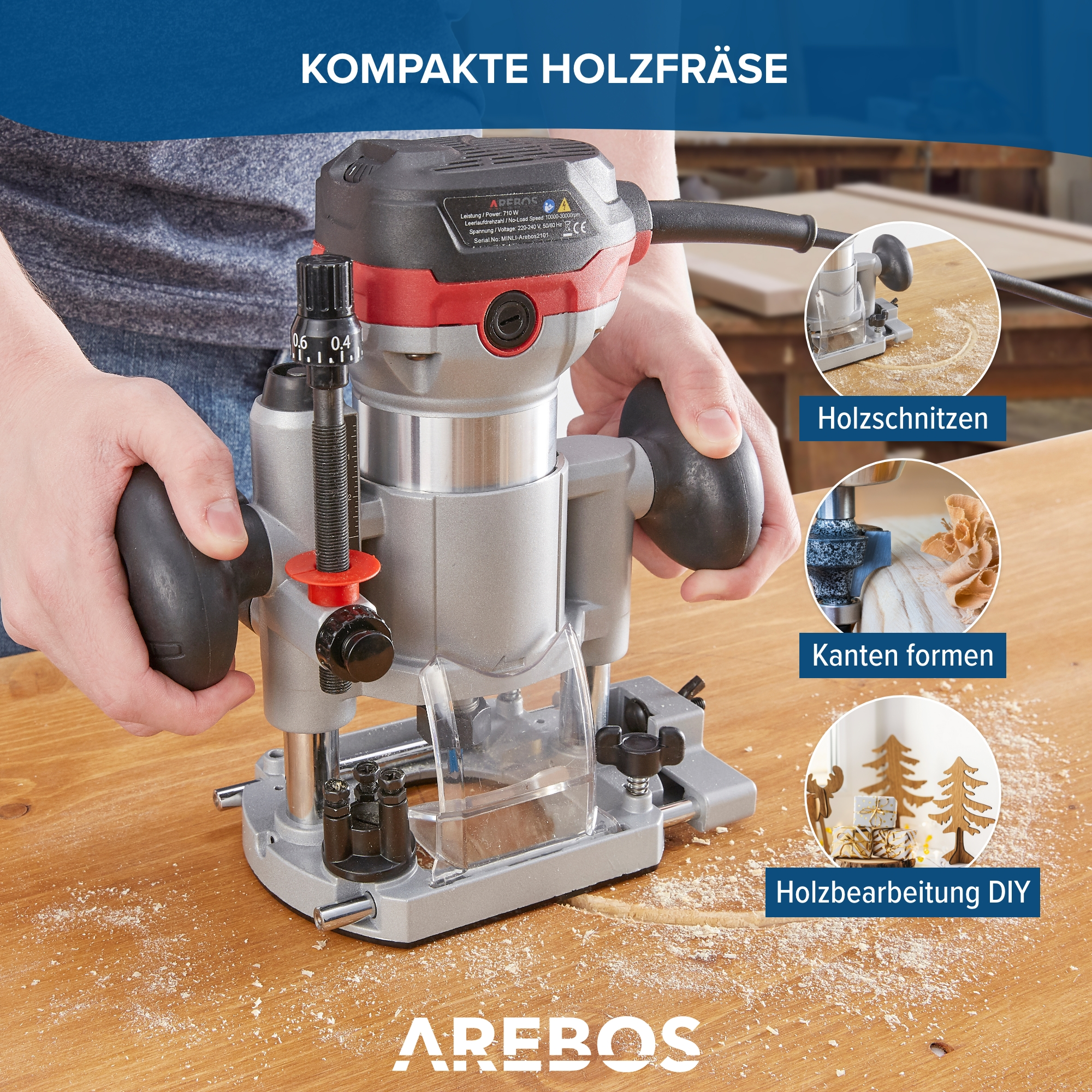 Holzfräse in Gebrauch mit Händen. Enth ält Bilder von Holzanwendungen.
