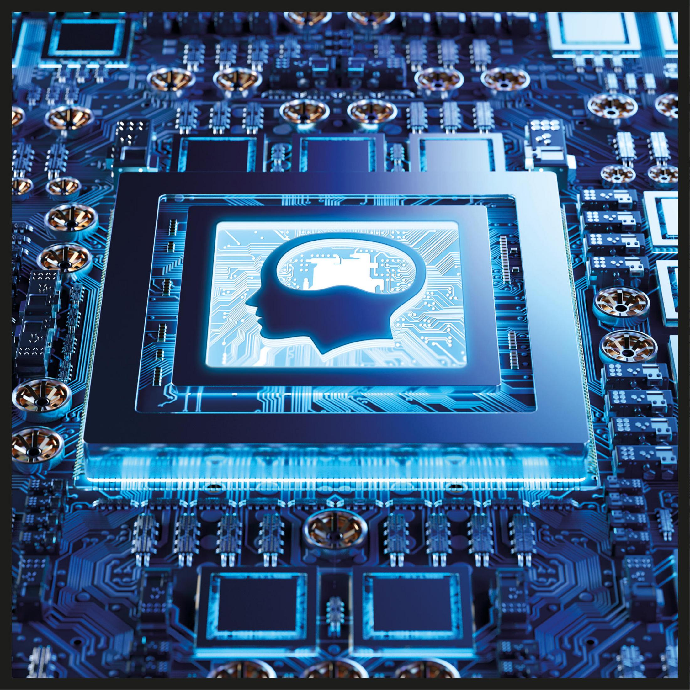 Nahaufnahme einer Platine mit einer gehirnförmigen Grafik auf einem Quadrat, umgeben von blauen Linien und Lichtern.
