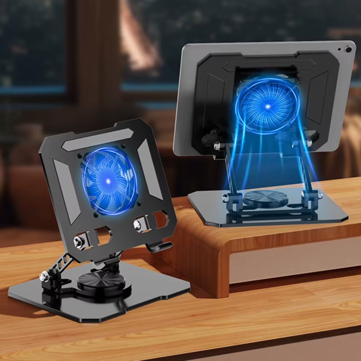 Dos soportes negros para tabletas con luz azul, sobre una mesa de madera. Tabletas adjuntas.